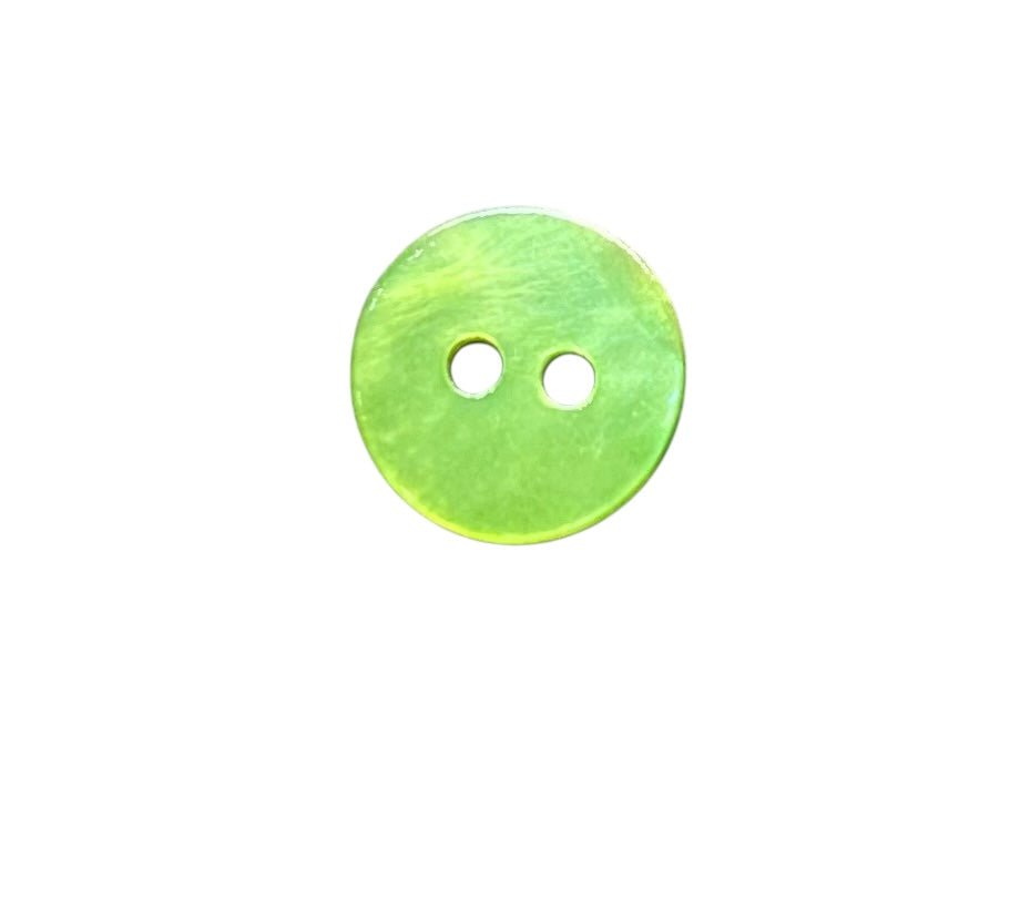 A 10mm round green shell button with two holes.