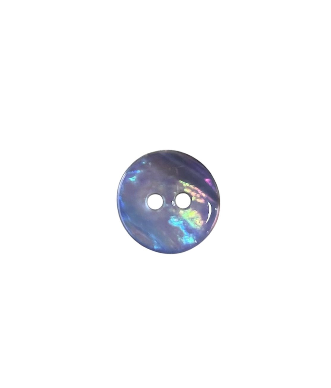 A 10mm iridescent shell button with two holes.