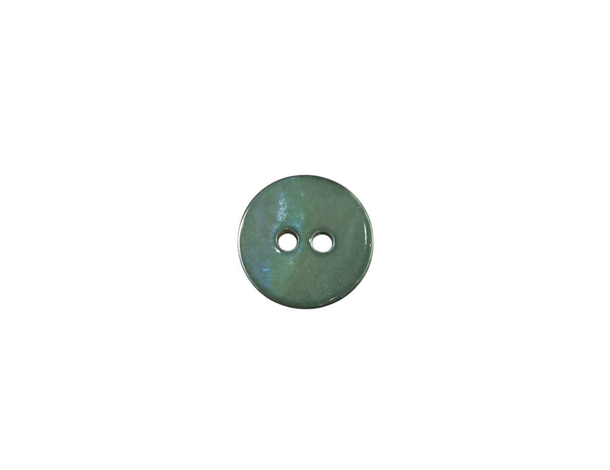 A 10mm round shell button with two holes.