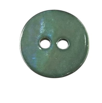 A round, light green shell button with two holes.