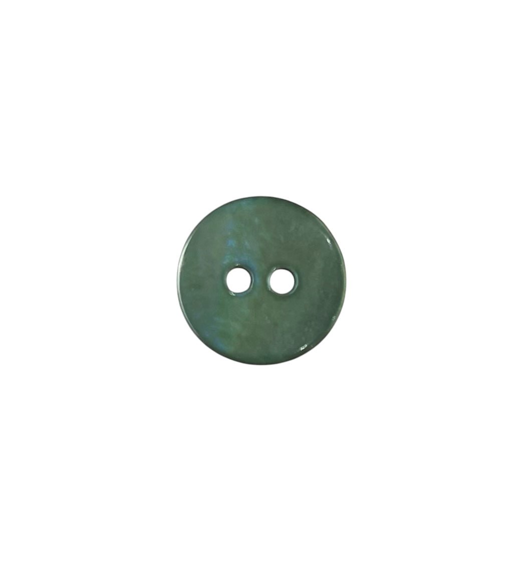 A 10mm round green shell button with two holes.