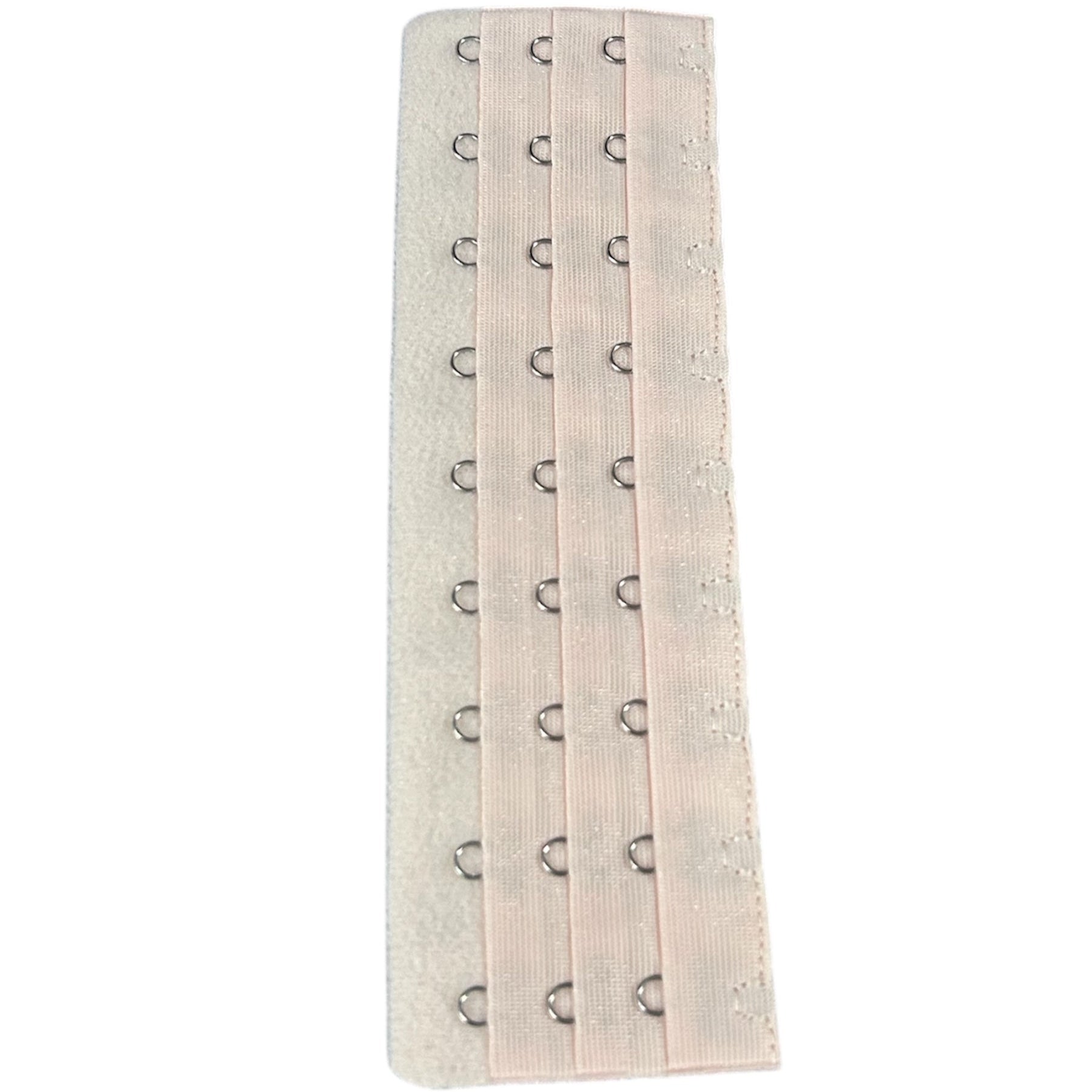 A beige polyester bra extender with four rows of three metal hooks.