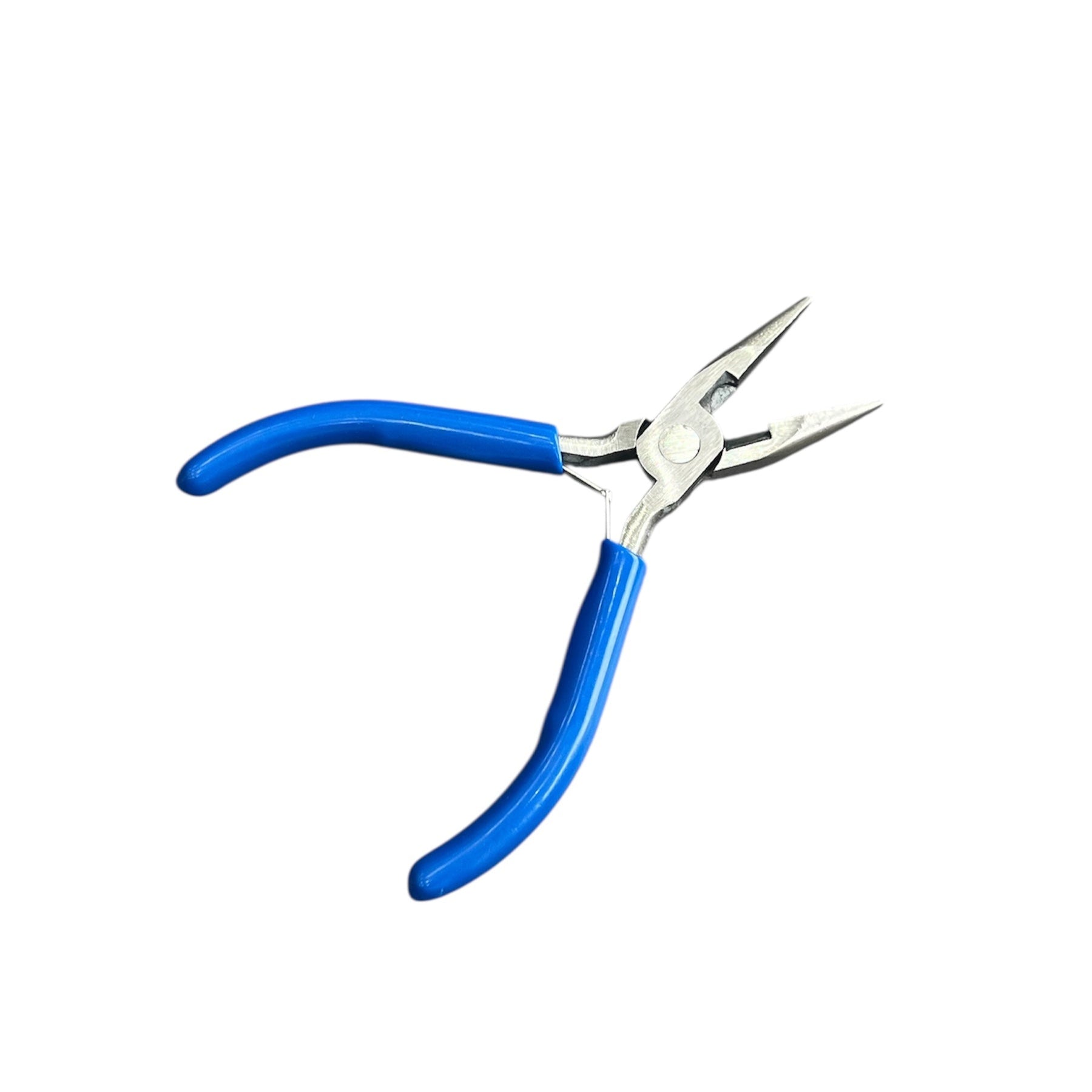 Blue handled mini precision long nose pliers.