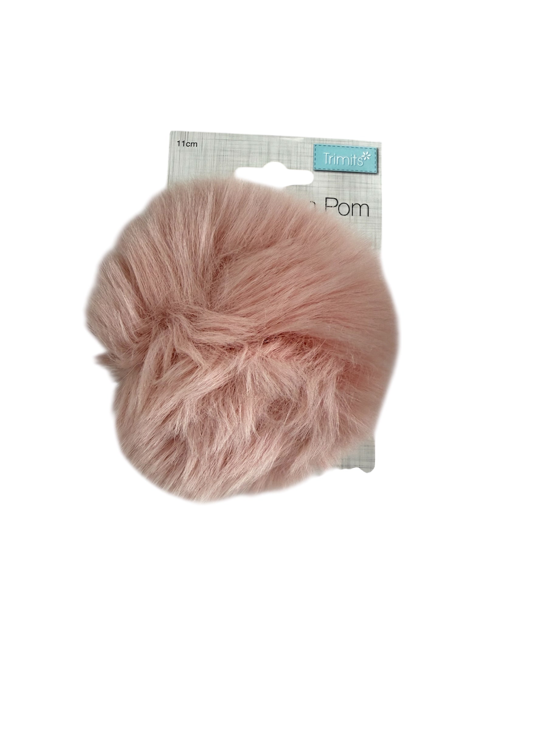 A pink faux fur pompom with a "Trimits" label and "11cm" measurement.