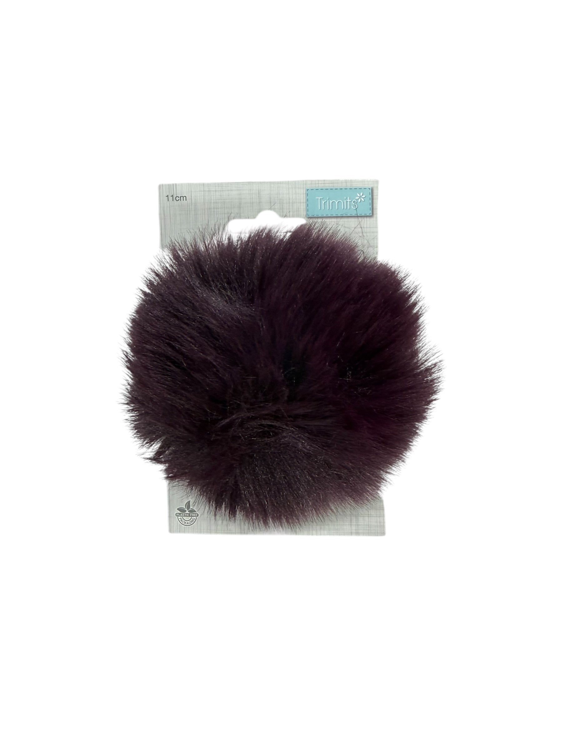 Trimits 11cm faux fur pompon in dark purple on packaging.