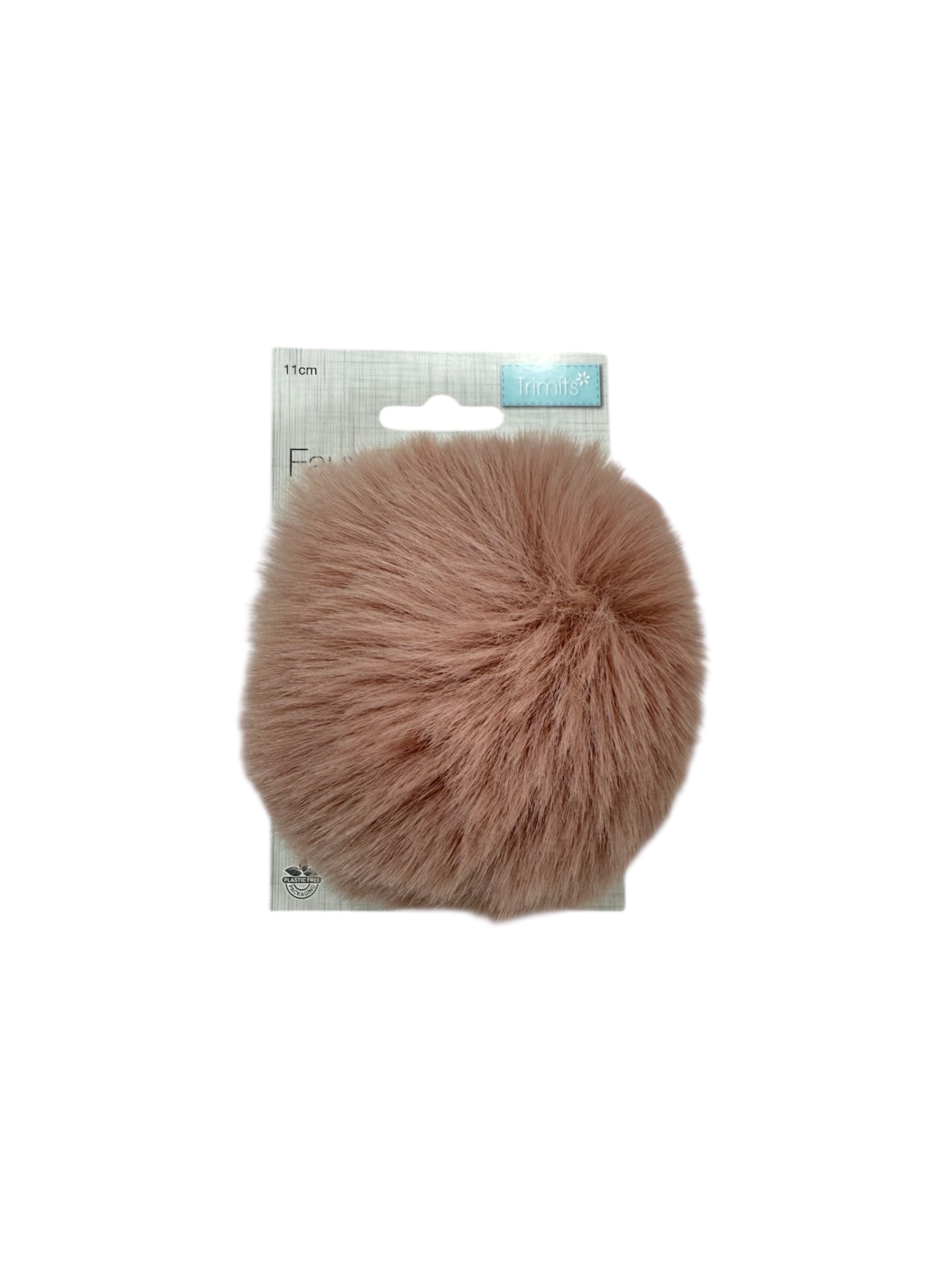 A pink faux fur pompom measuring 11cm, attached to a cardboard backing.