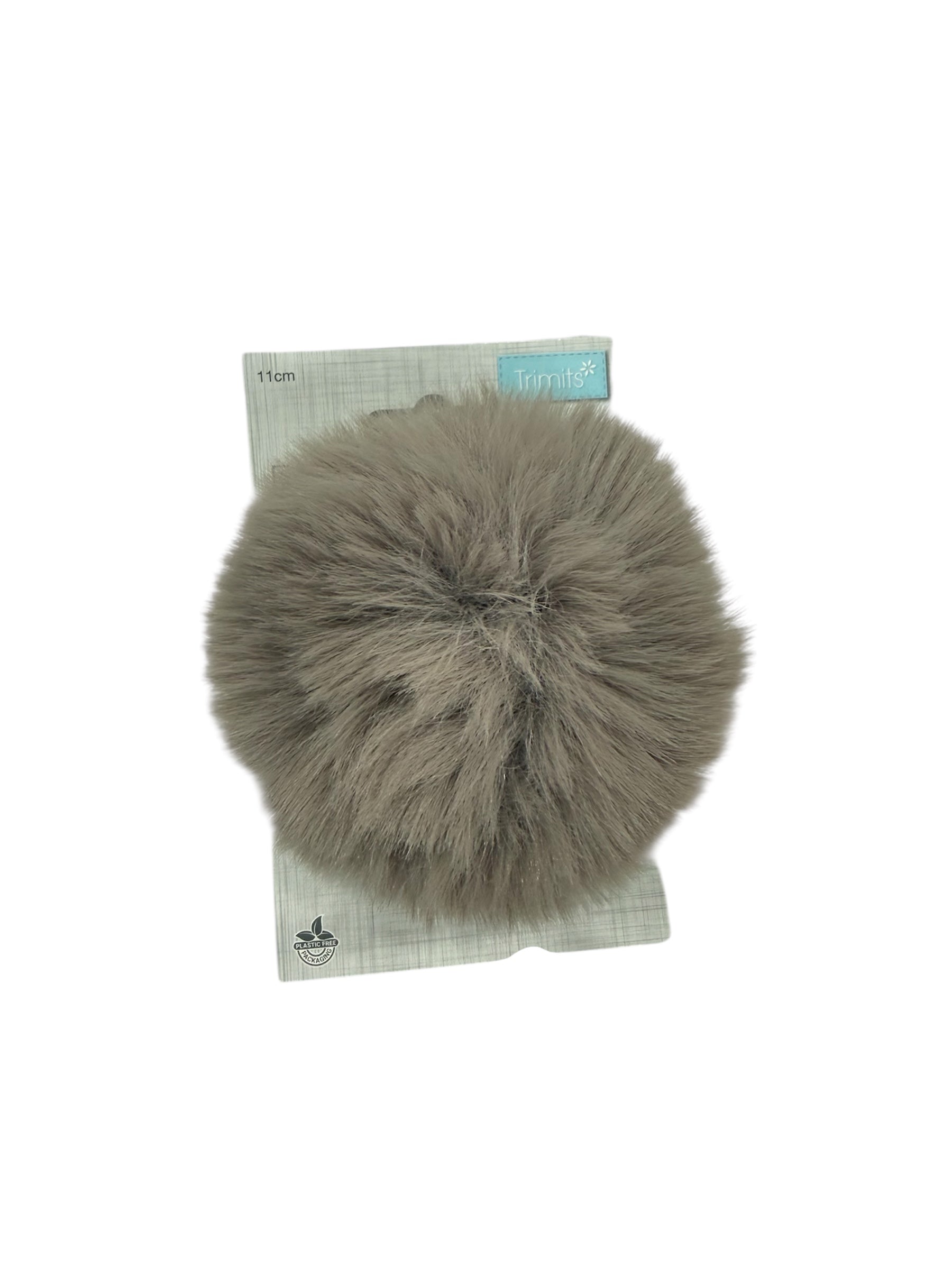 Trimits 11cm grey faux fur pompon on packaging.