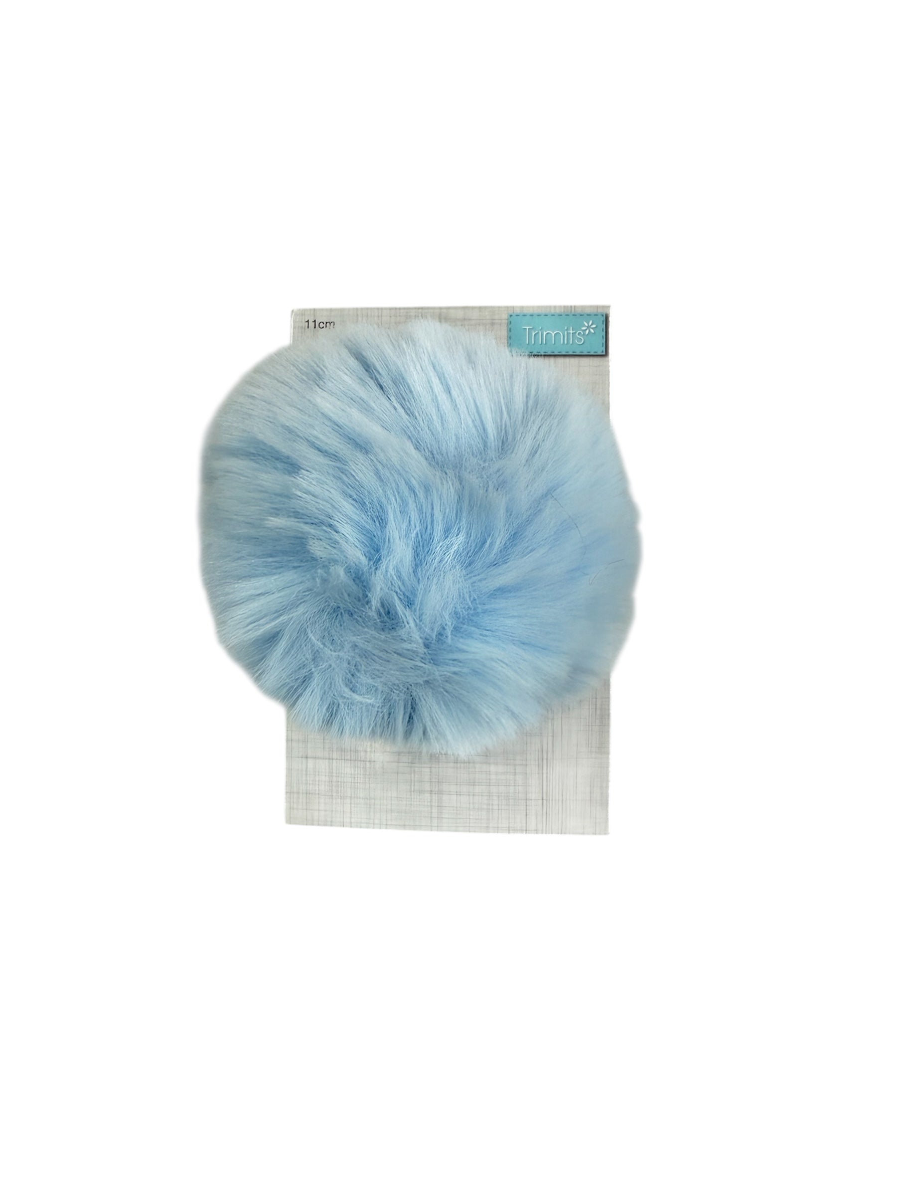 Trimits 11cm light blue faux fur pompon on packaging.