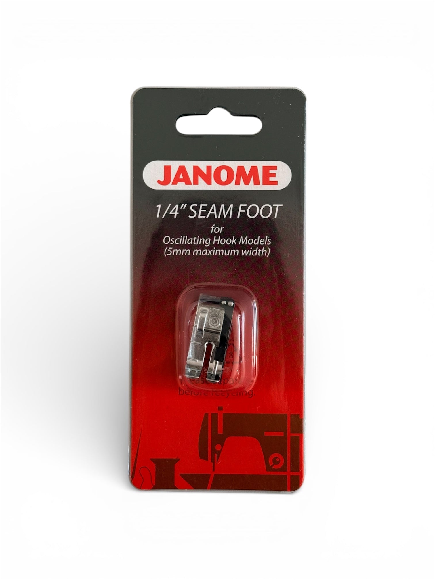 Janome 1/4" seam foot for oscillating hook models in packaging.