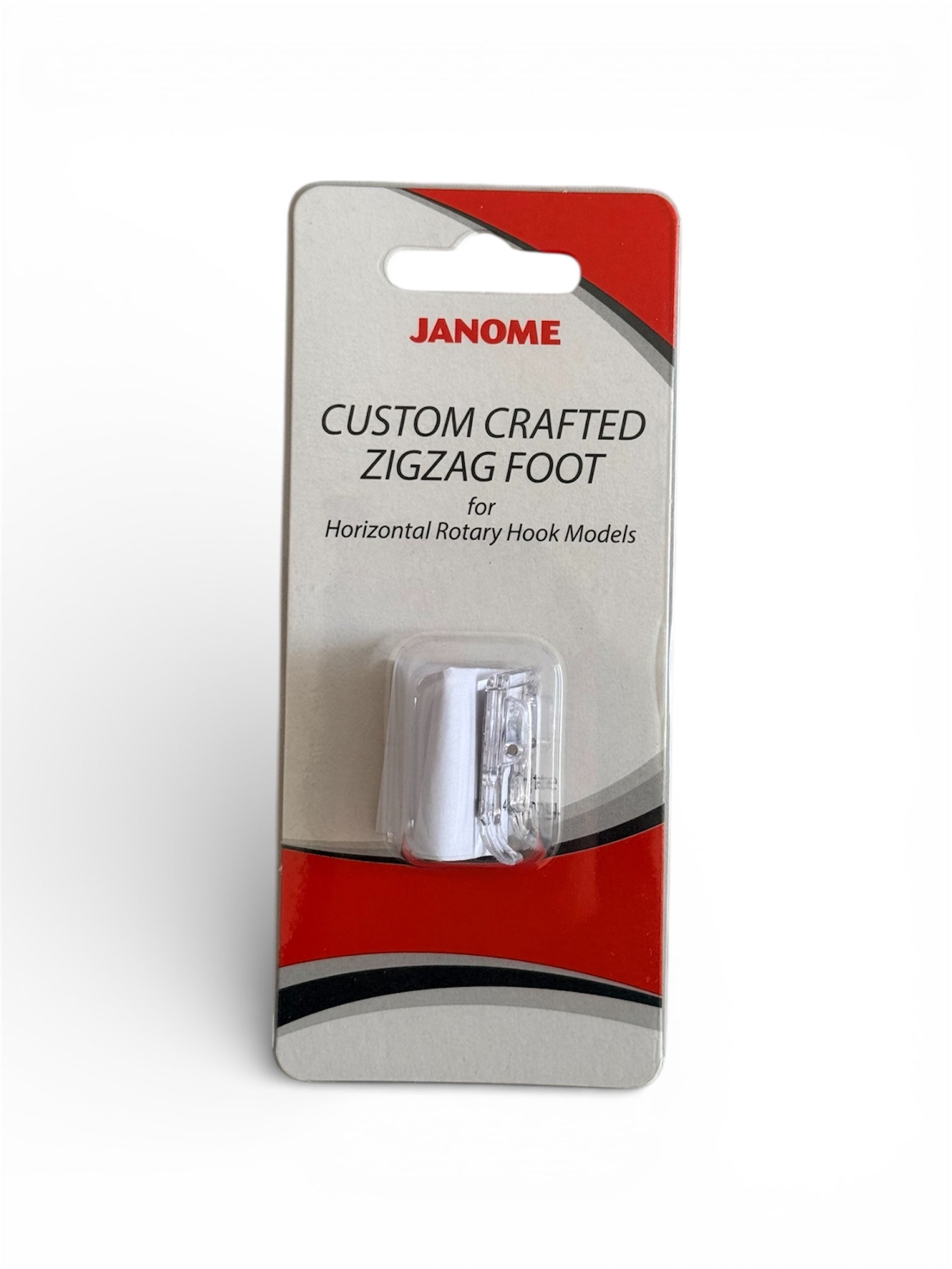 Janome custom crafted zigzag foot for horizontal rotary hook models in packaging.