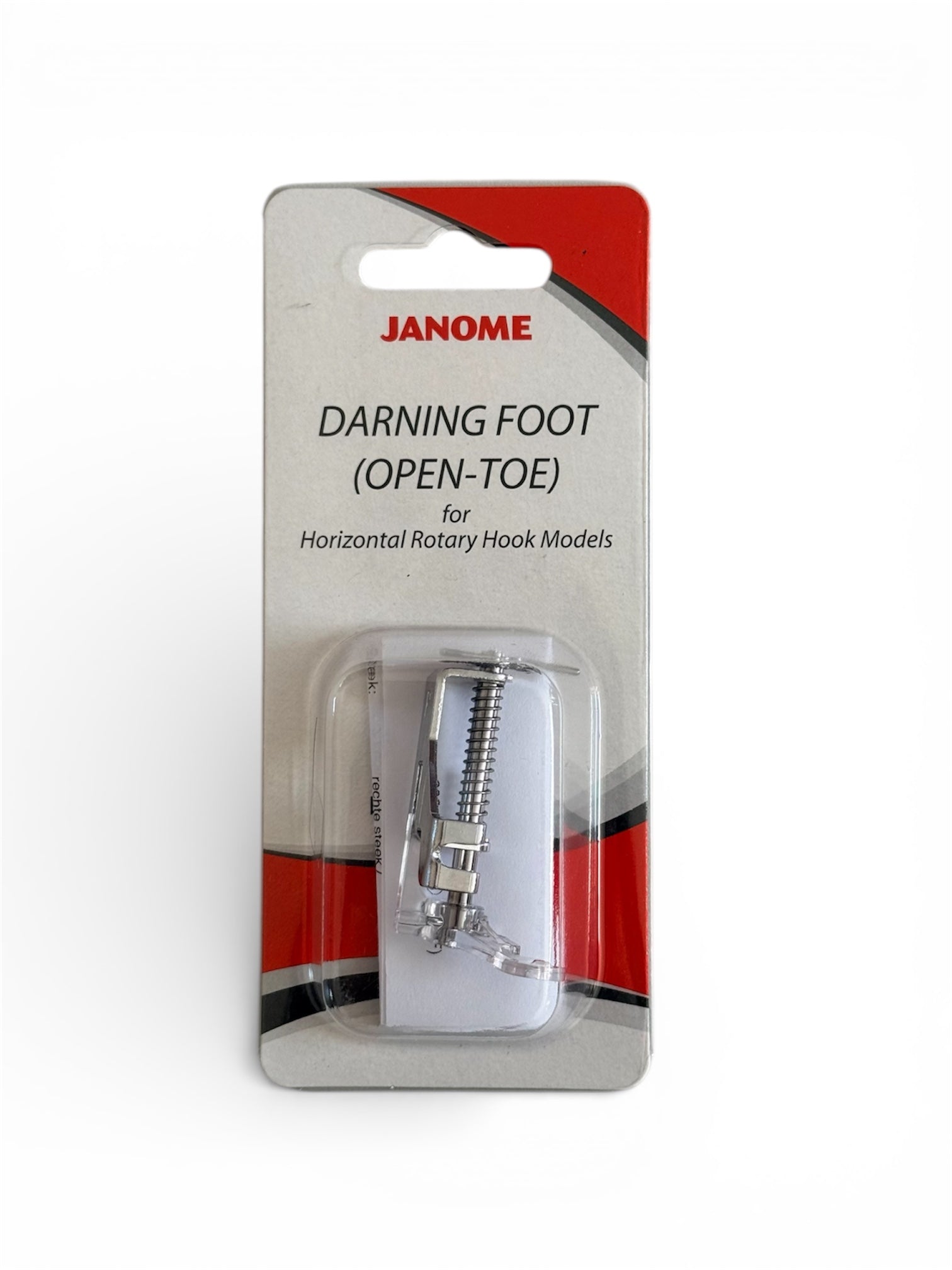 Janome open-toe darning foot for horizontal rotary hook sewing machines in its original packaging.