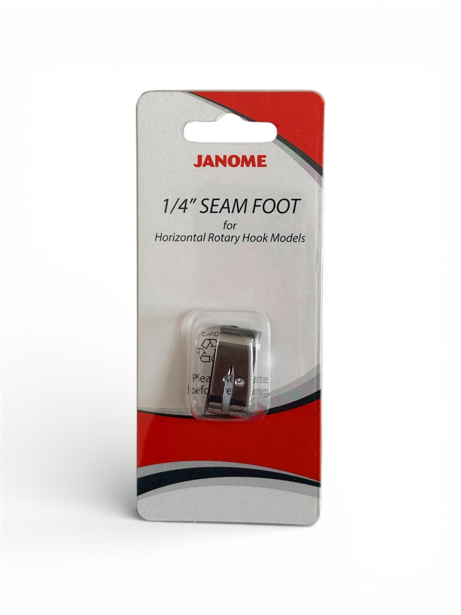 Janome 1/4" seam foot for horizontal rotary hook models in packaging.