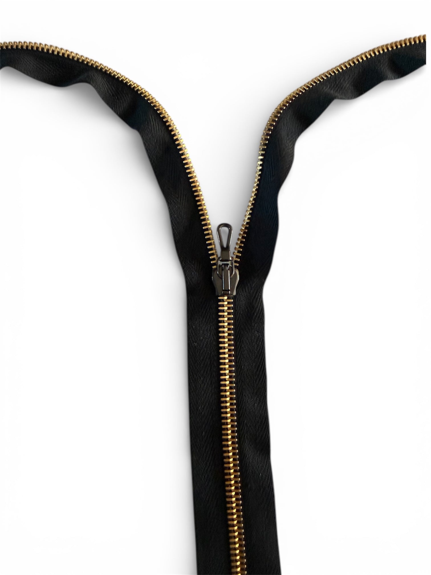 Lampo gold metal one way open end zipper, 64cm length.
