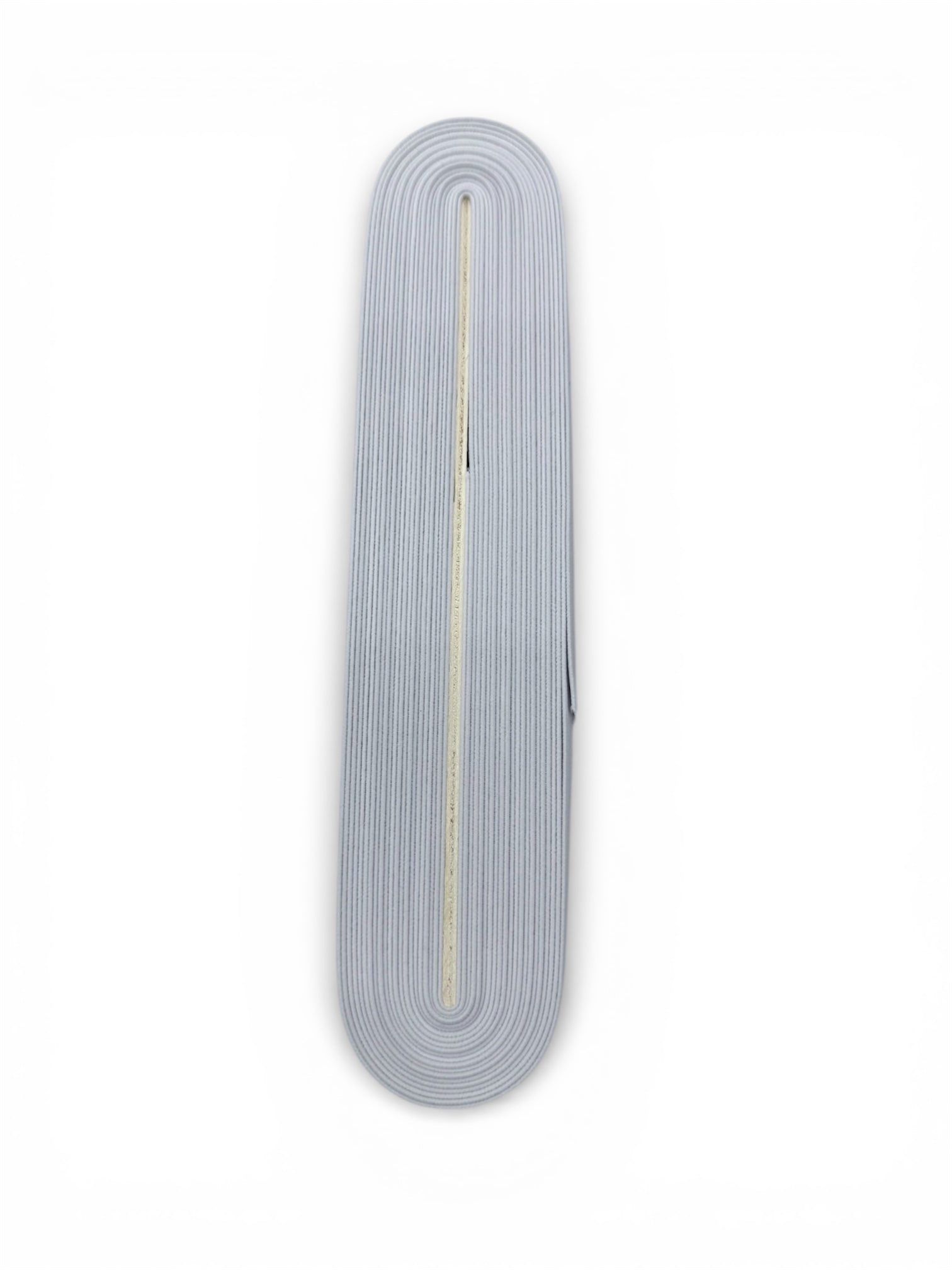 A roll of light gray ribbed elastic tape with a cream-colored core.