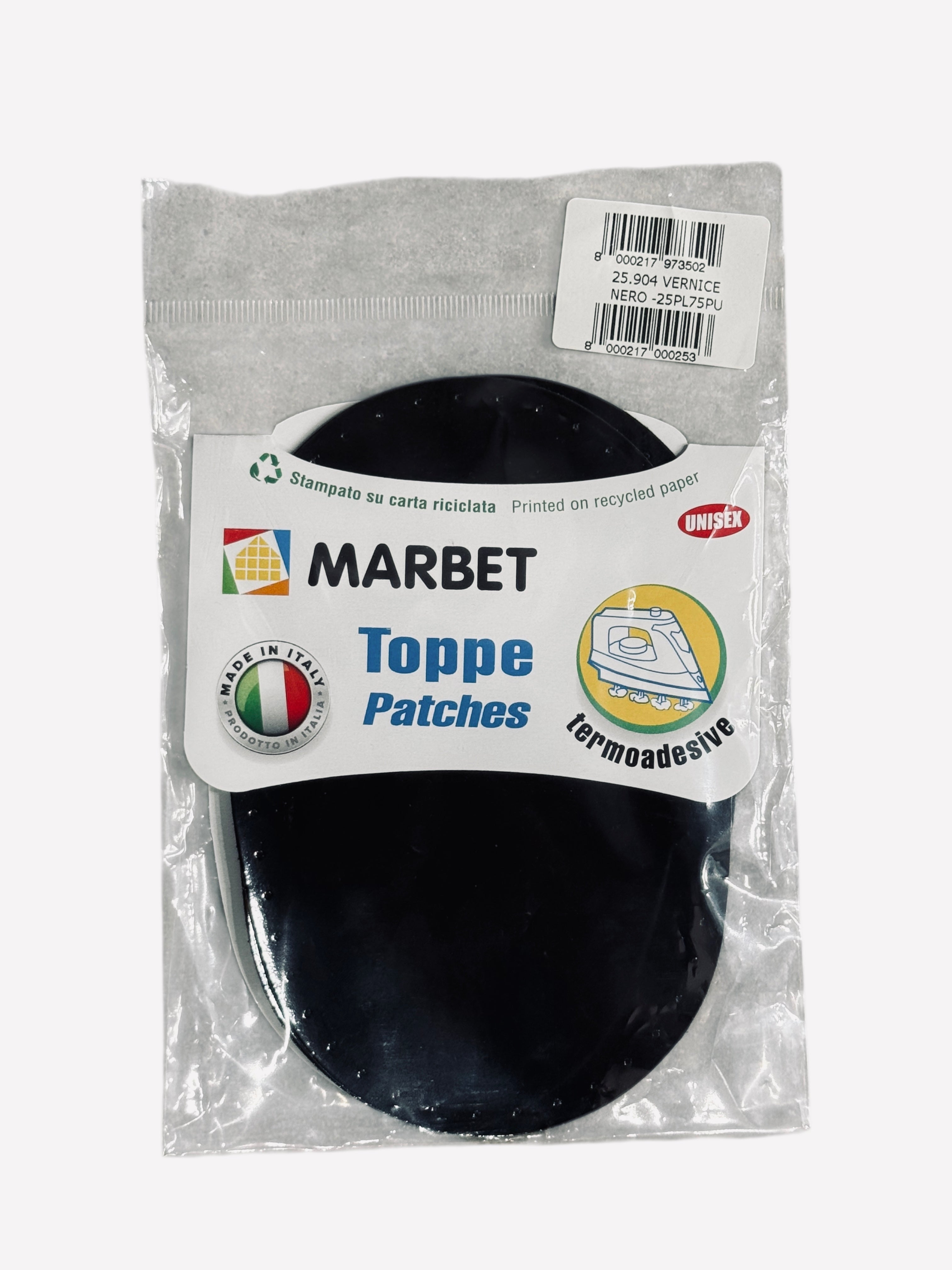 Marbet black microfiber iron-on patches with a patent leather effect.