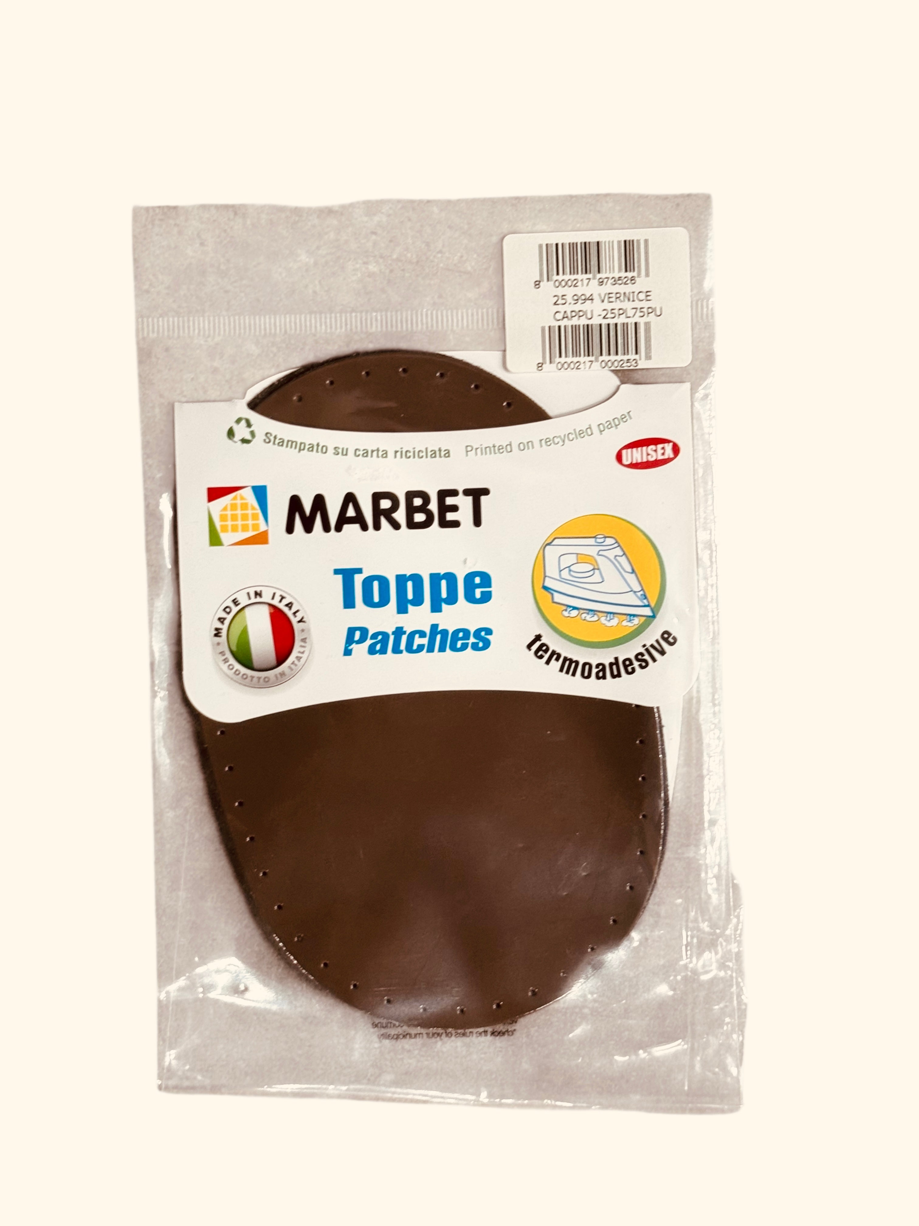 Marbet brown microfiber iron-on patches with a patent leather effect.