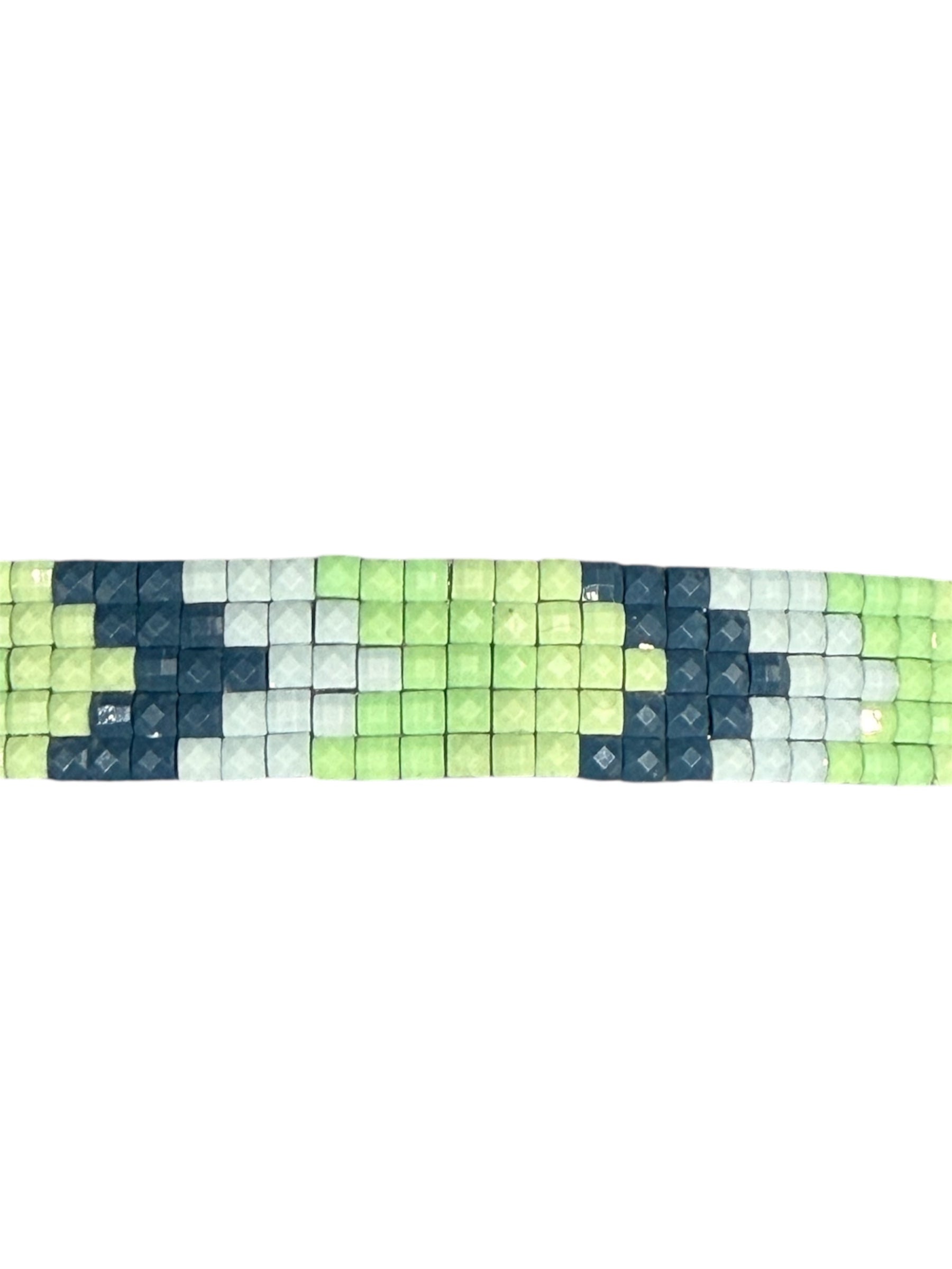 Handmade green chevron beaded trim with dark blue accents.