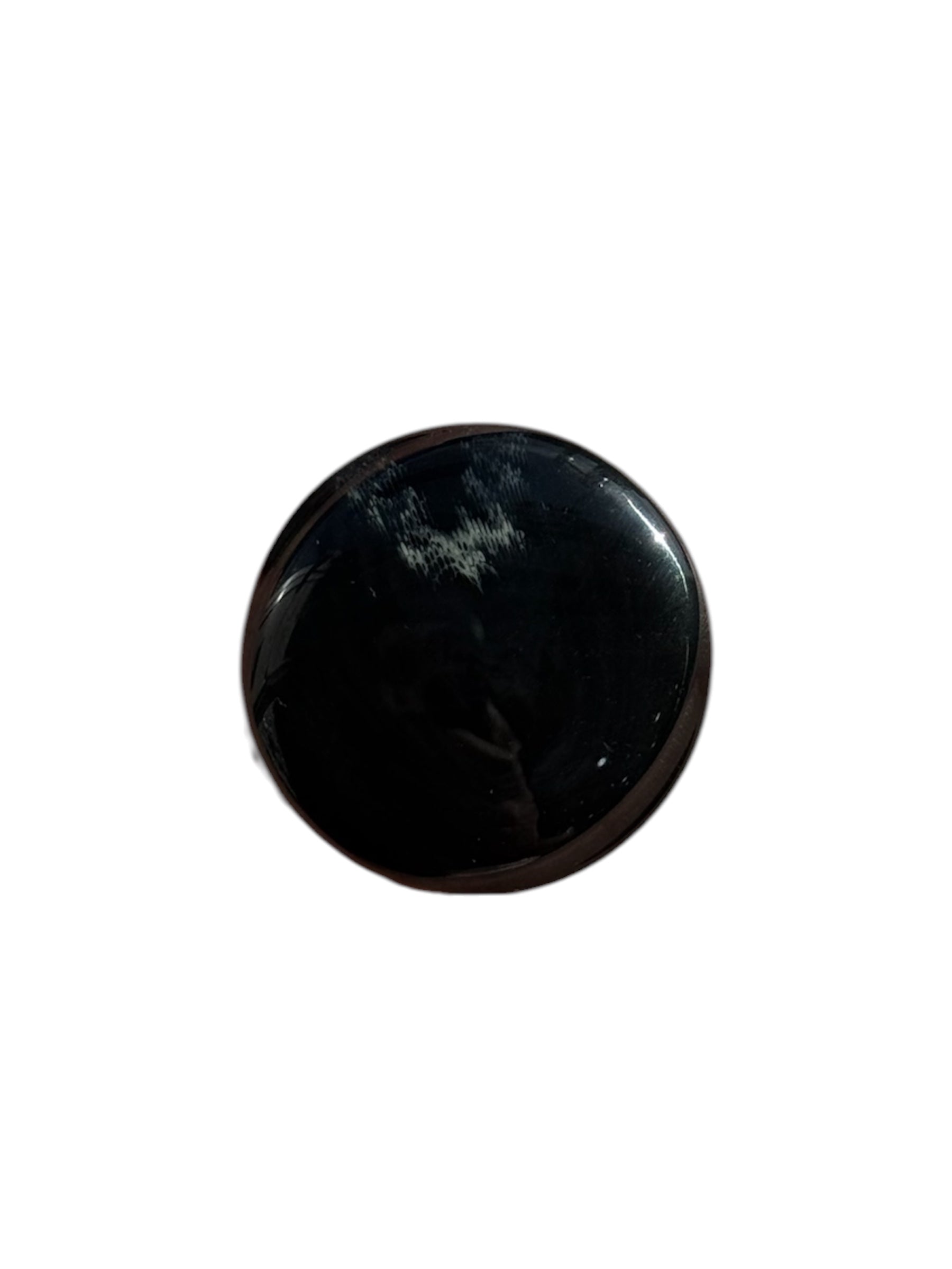 Round 30mm black plastic button with a subtle white patch and a smooth, glossy finish.