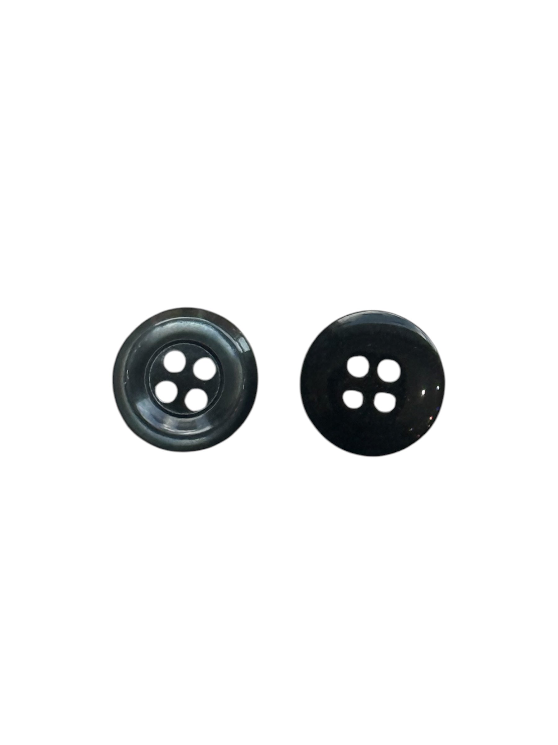 Two shiny black four-hole sewing buttons shown from the front and back against a white background.