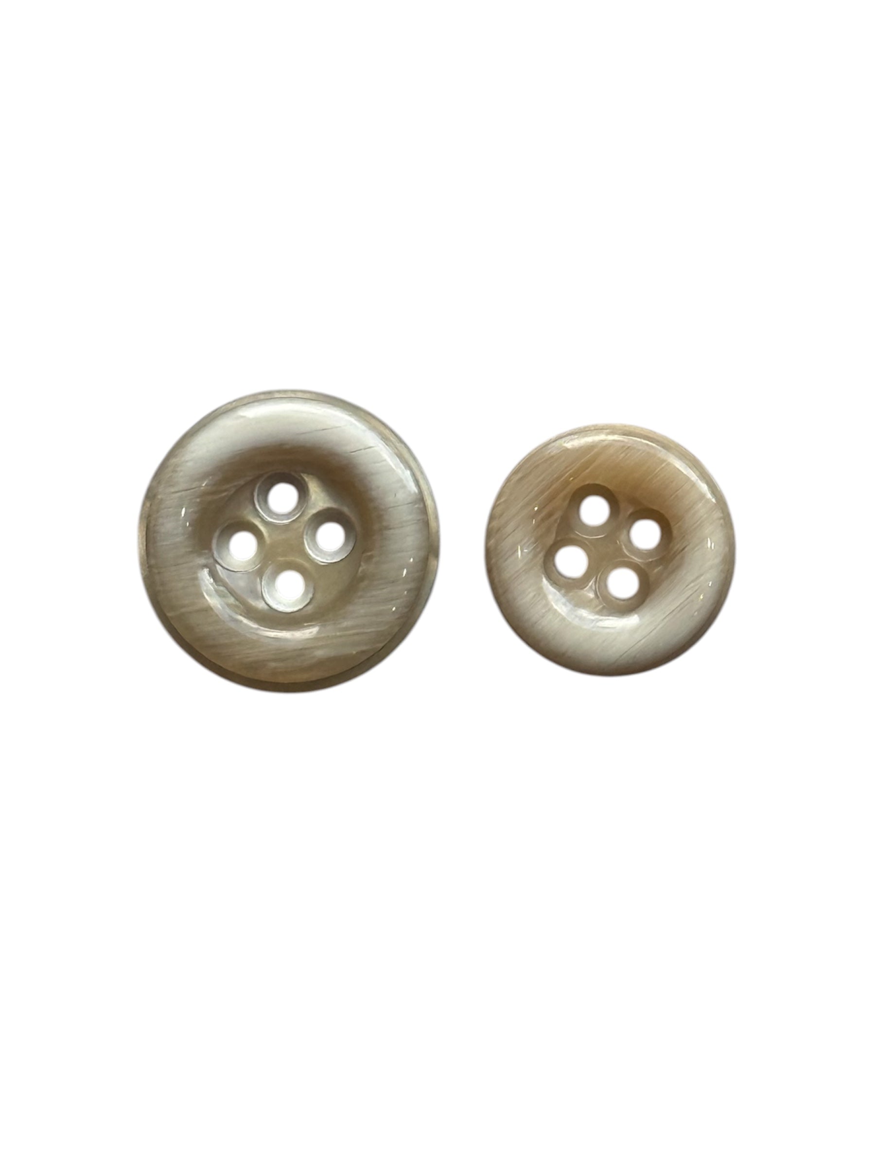 Two beige 4-hole sewing buttons with a white tint finish in 15mm and 18mm sizes.