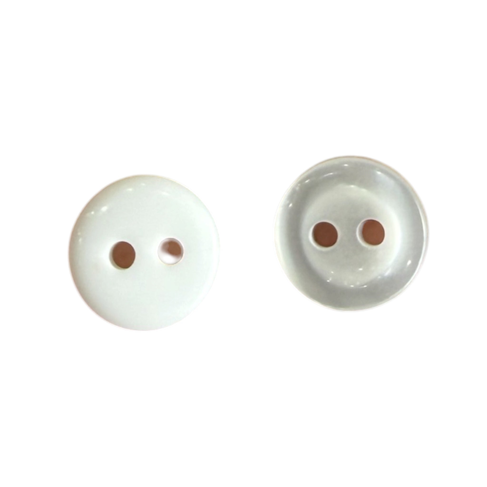 Two 9mm white round buttons with 2 holes, showing front and back views on a white background.