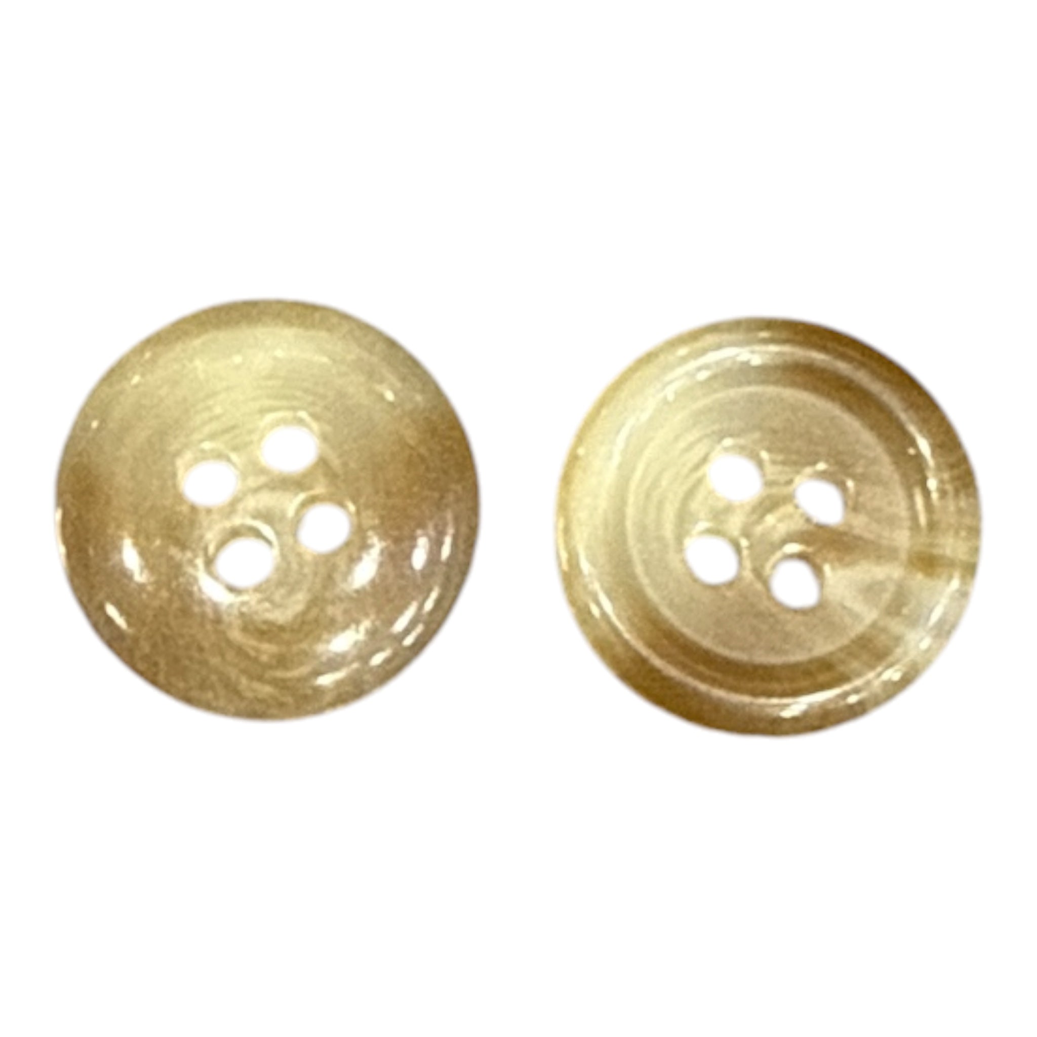 Two 16mm shiny brown and beige textured buttons with four holes each.