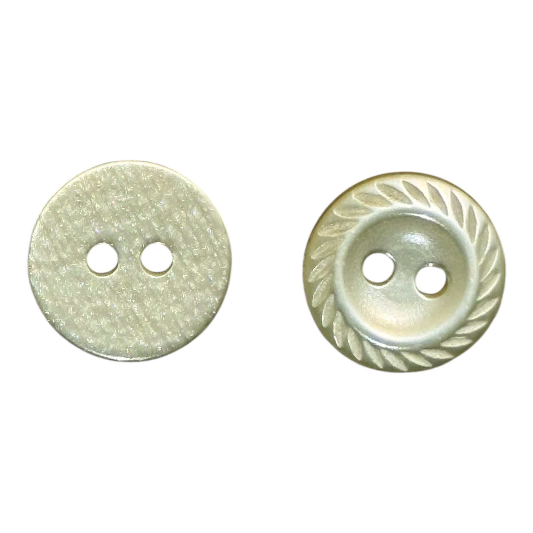 Two 13mm light yellow 2-hole buttons, one with a textured surface and one with a leaf-pattern rim.