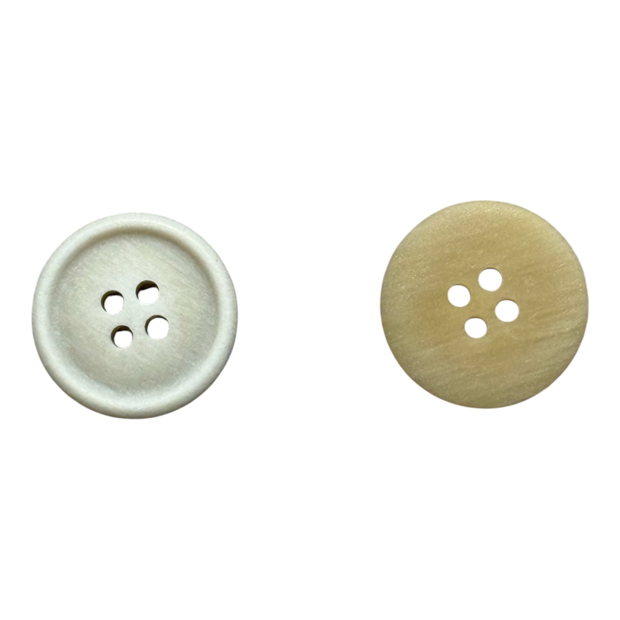 Front and back view of a 21mm beige 4-hole button with a textured finish.