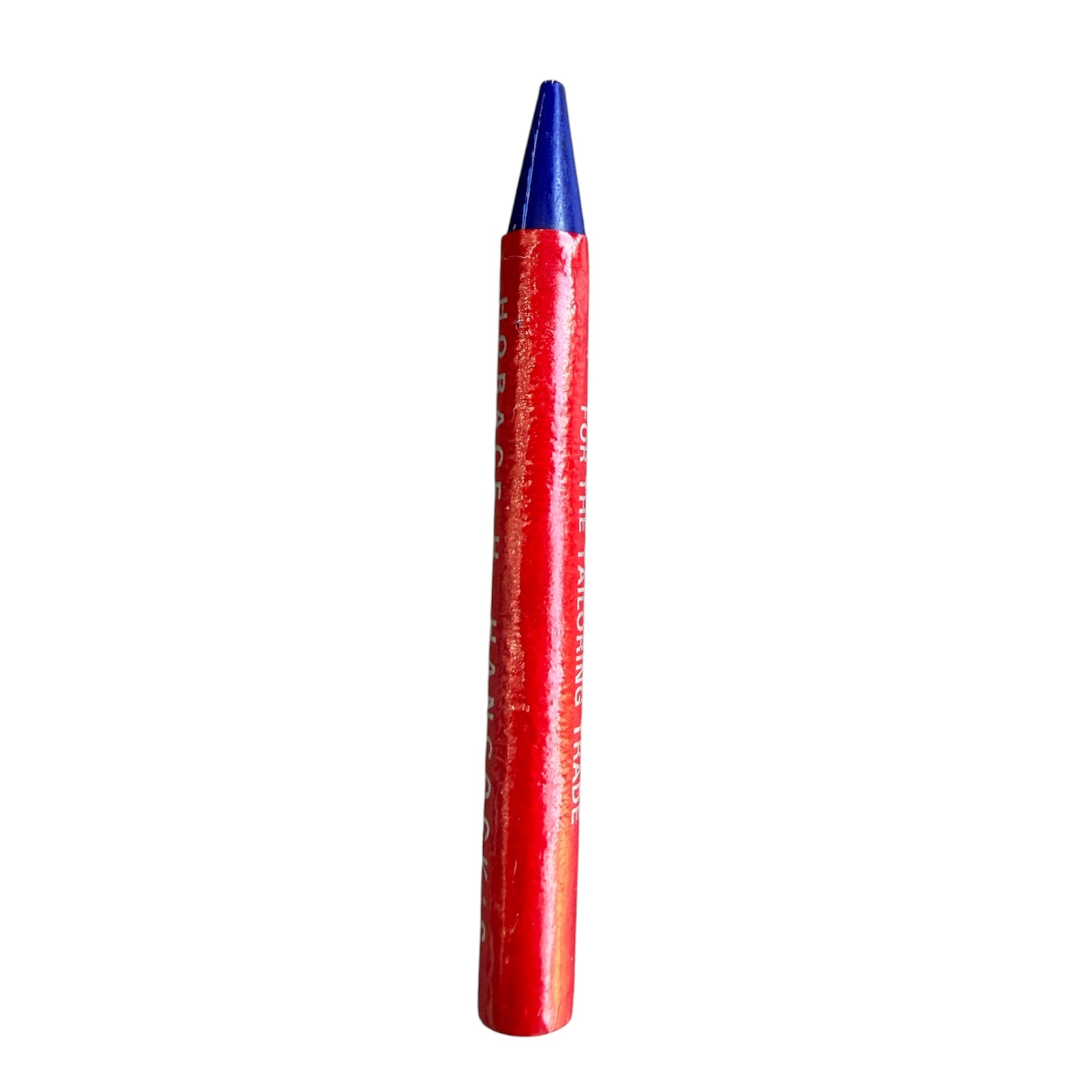Blue wax pencil with a red peel-off paper wrap for marking on various surfaces.