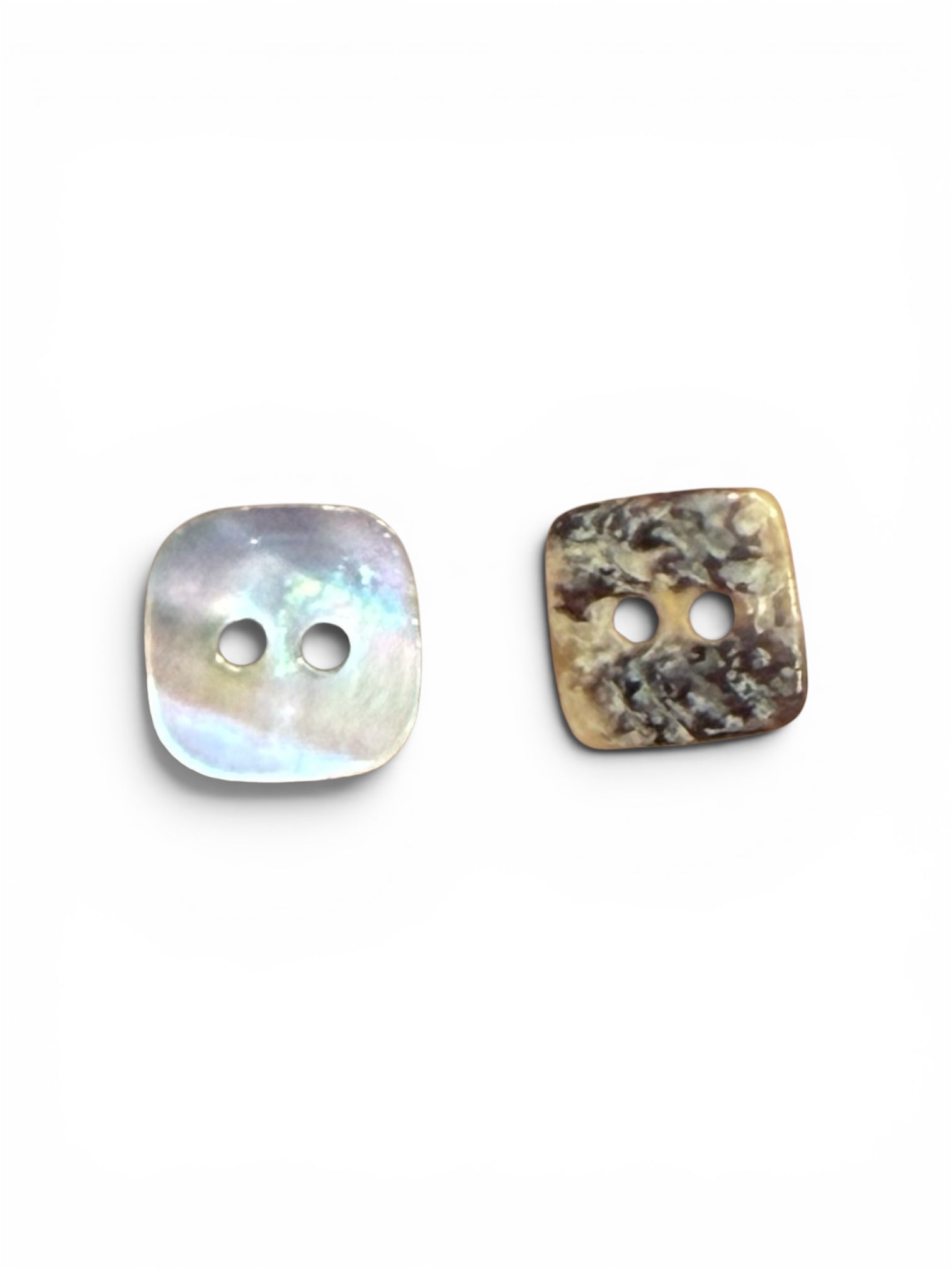 Two 10mm square shell buttons with a 2-hole design, one iridescent white and one marbled brown.