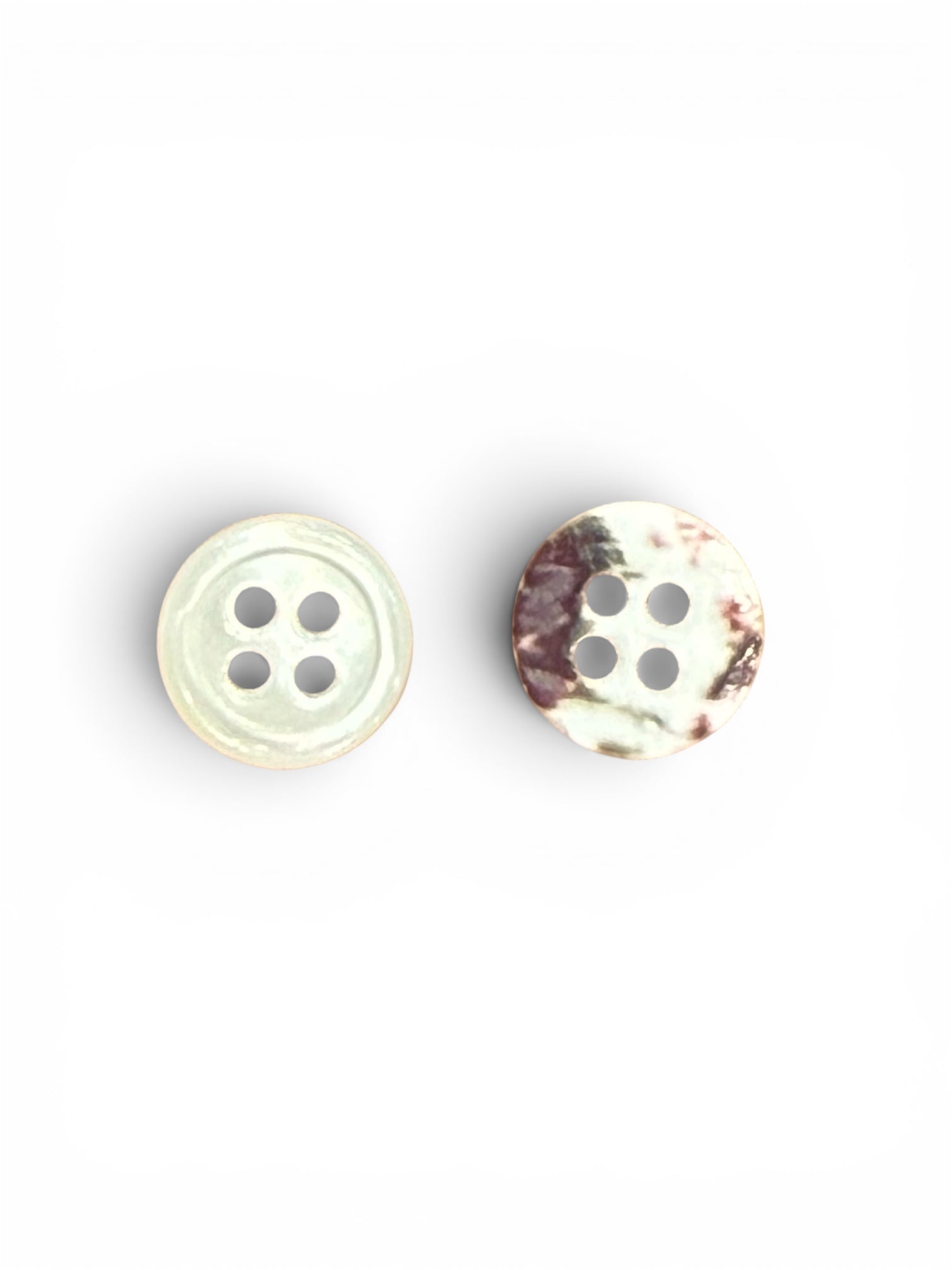 Two 8mm 4-hole buttons, one showing the white front and one showing the printed back.