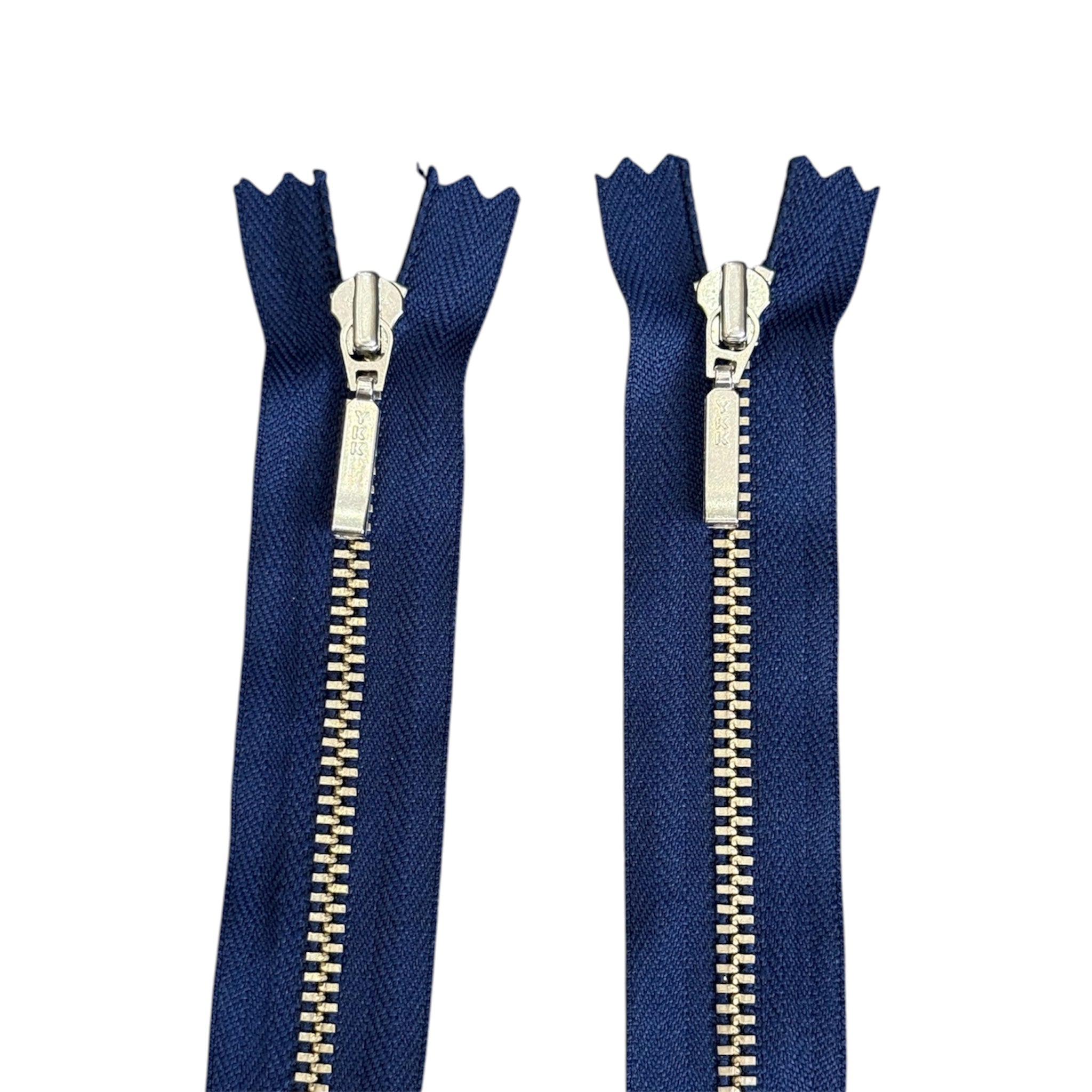 Two 68cm blue YKK zippers with silver metal teeth and sliders on a white background.