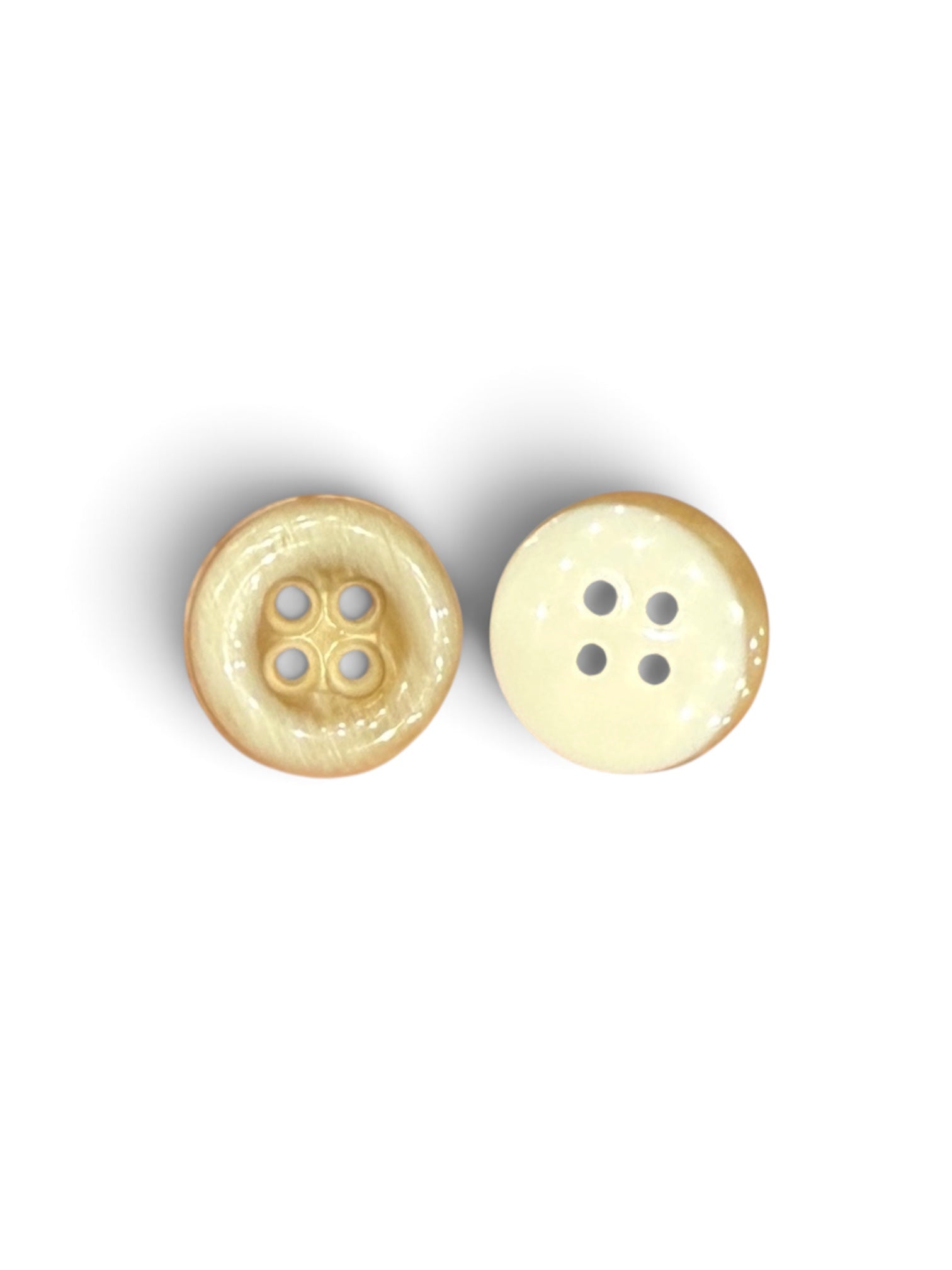 Two brown resin 4-hole sewing buttons showing front and back views with a polished finish.