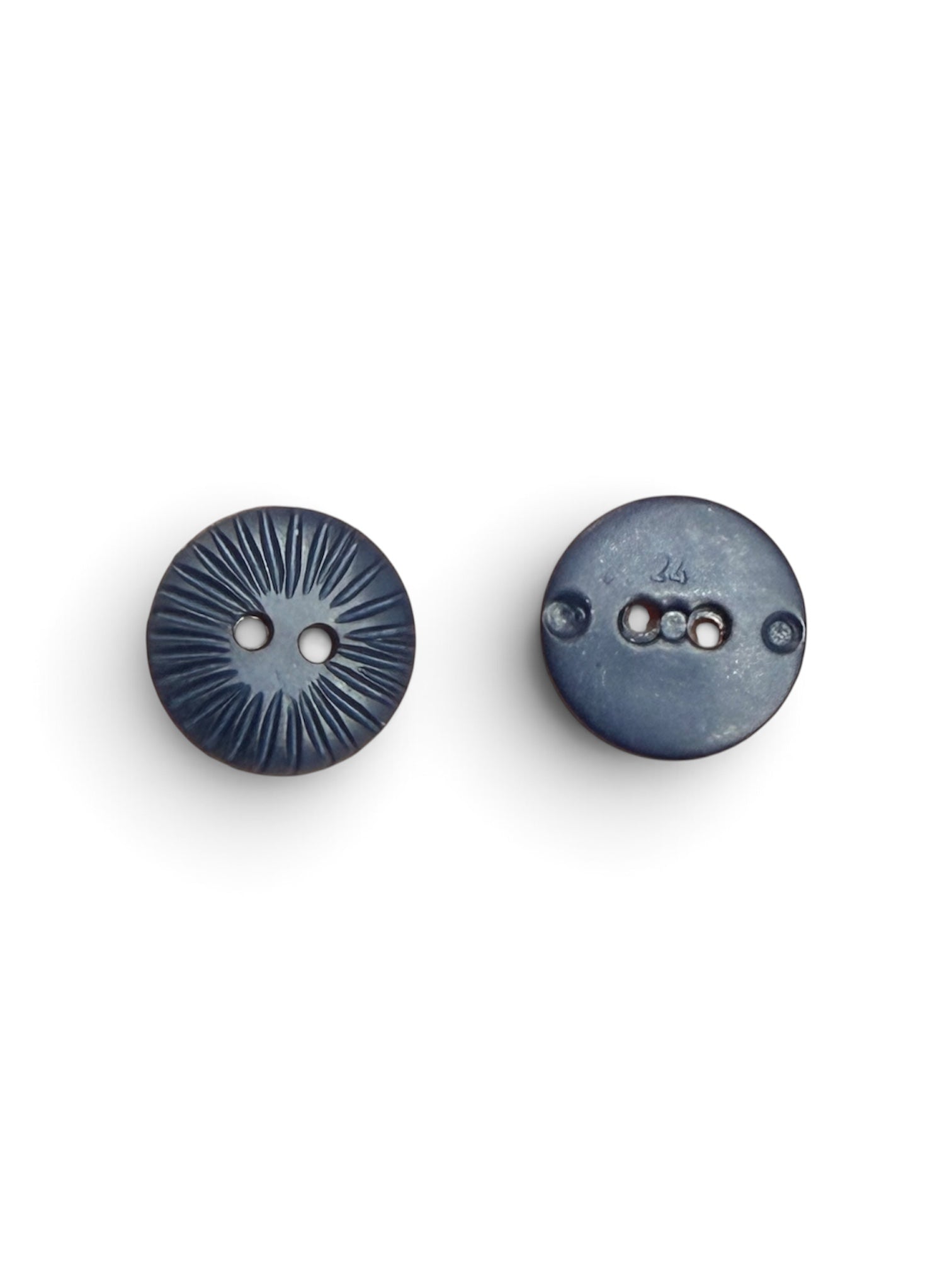 Two 15mm navy blue textured resin buttons, showing the front sunburst pattern and back 2-hole design.