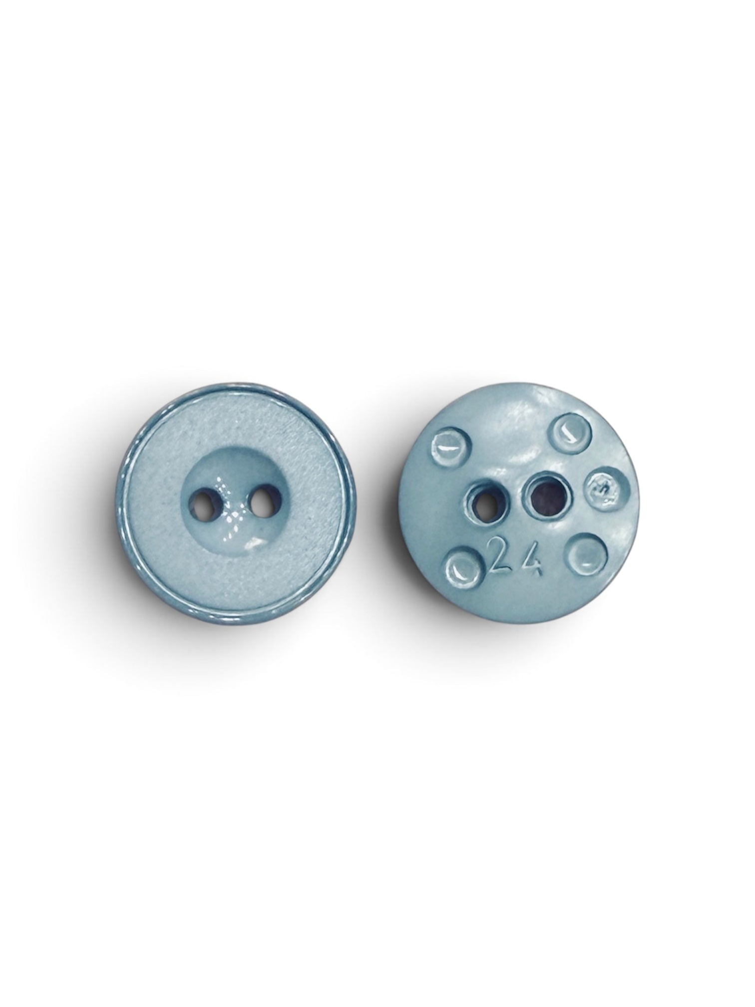 Two light blue 15mm round buttons with 2 holes, showing front and back views.