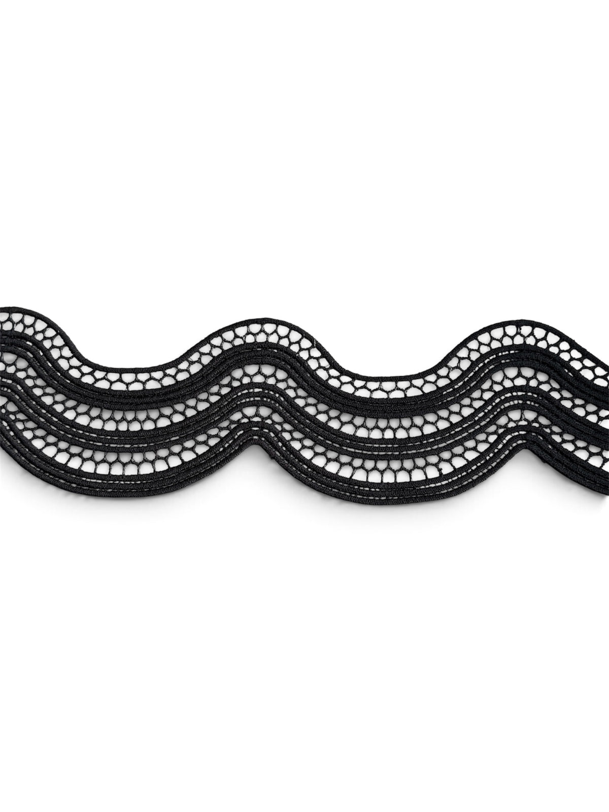 54mm black wavy designer lace with a mesh pattern and horizontal stitched lines.