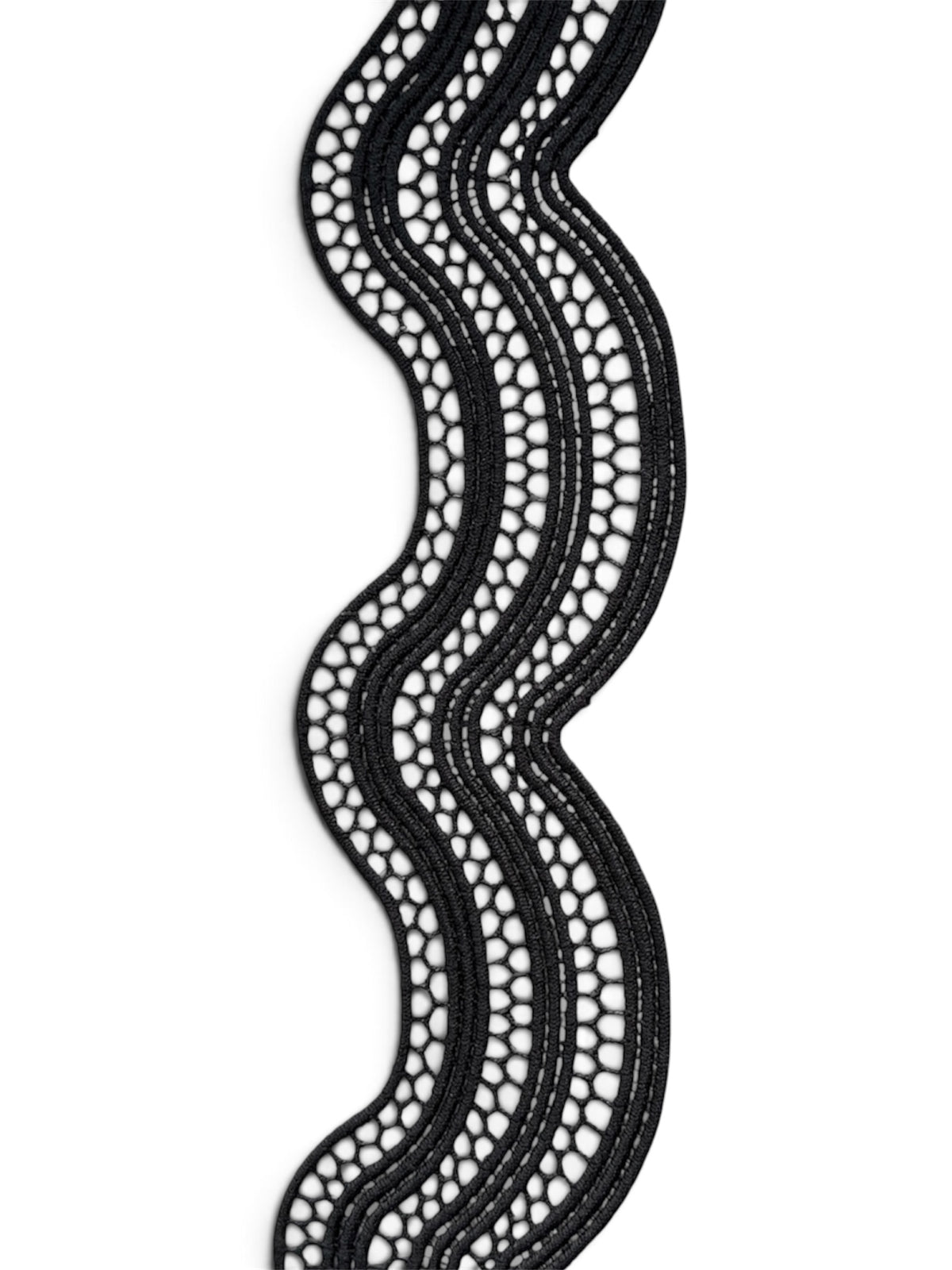 54mm black wavy designer lace with a delicate mesh pattern and scalloped edges.