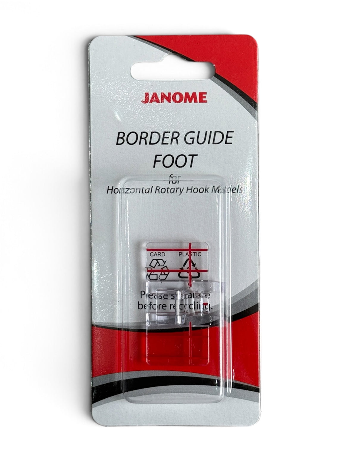 Janome Border Guide Foot in original packaging for horizontal rotary hook sewing machine models.