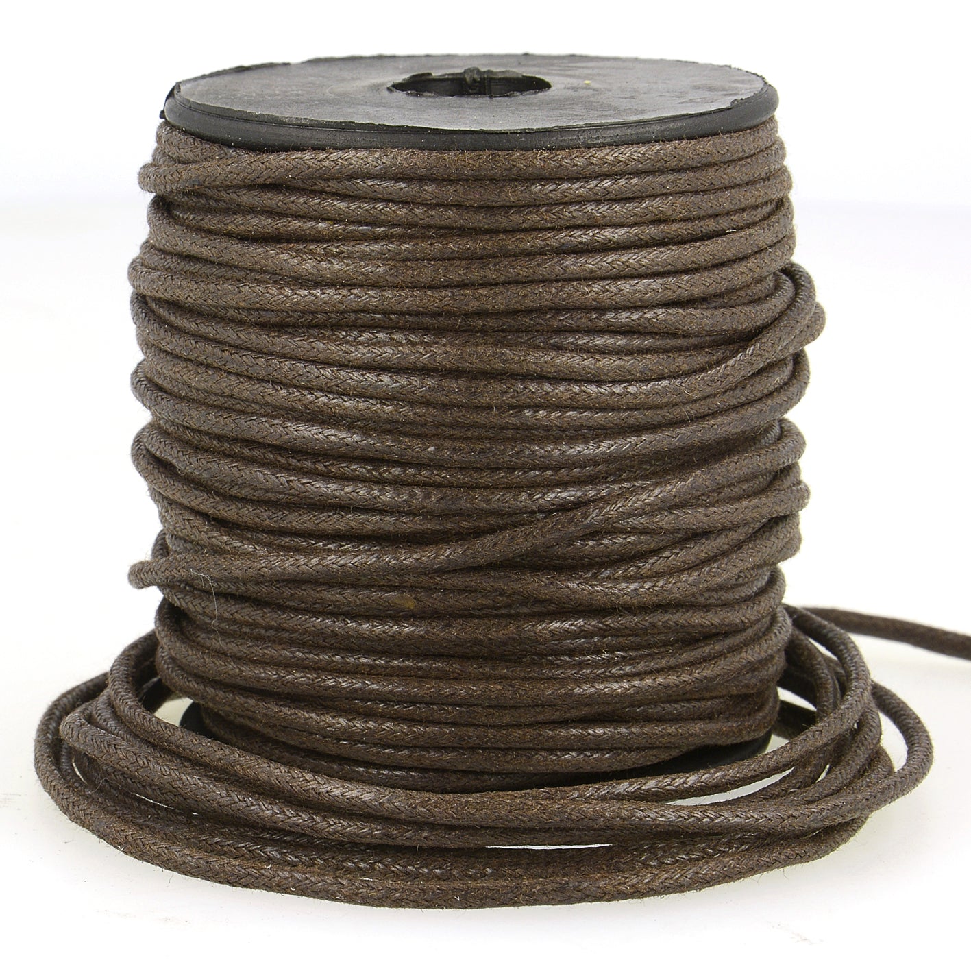 Spool of 2mm dark brown faux leather cord with a braided texture.