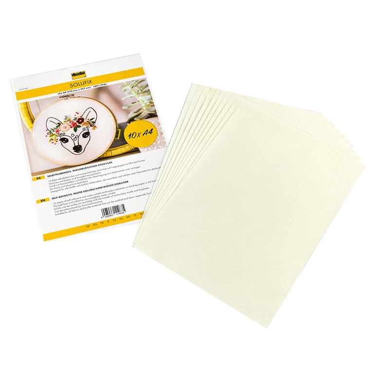 Vlieseline Solufix self-adhesive water-soluble embroidery backing sheets in A4 size.