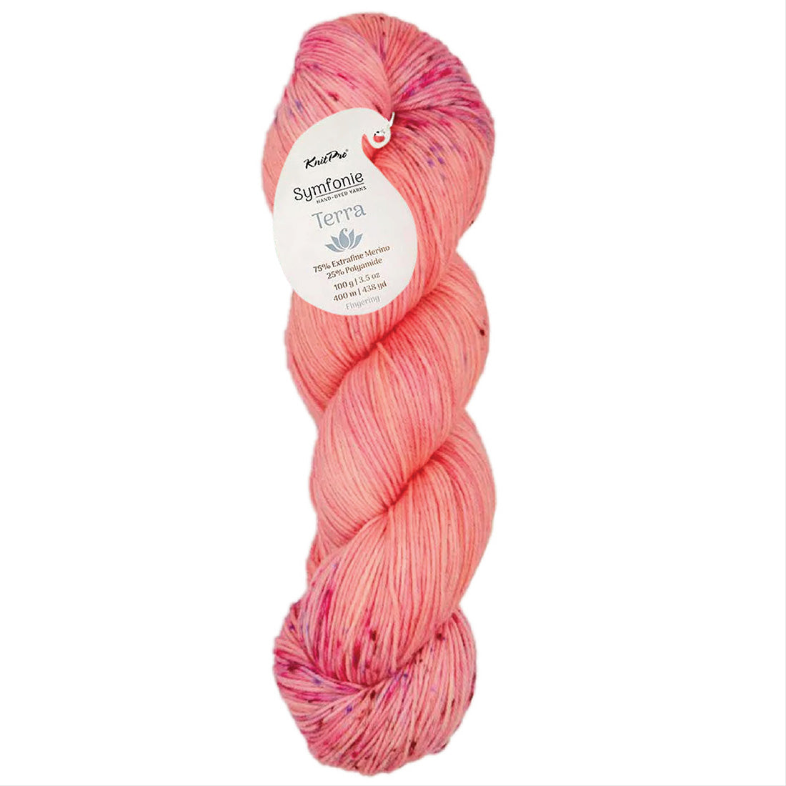 A 100g skein of KnitPro Symfonie Terra fingering weight sock yarn in a hand-dyed pink shade.