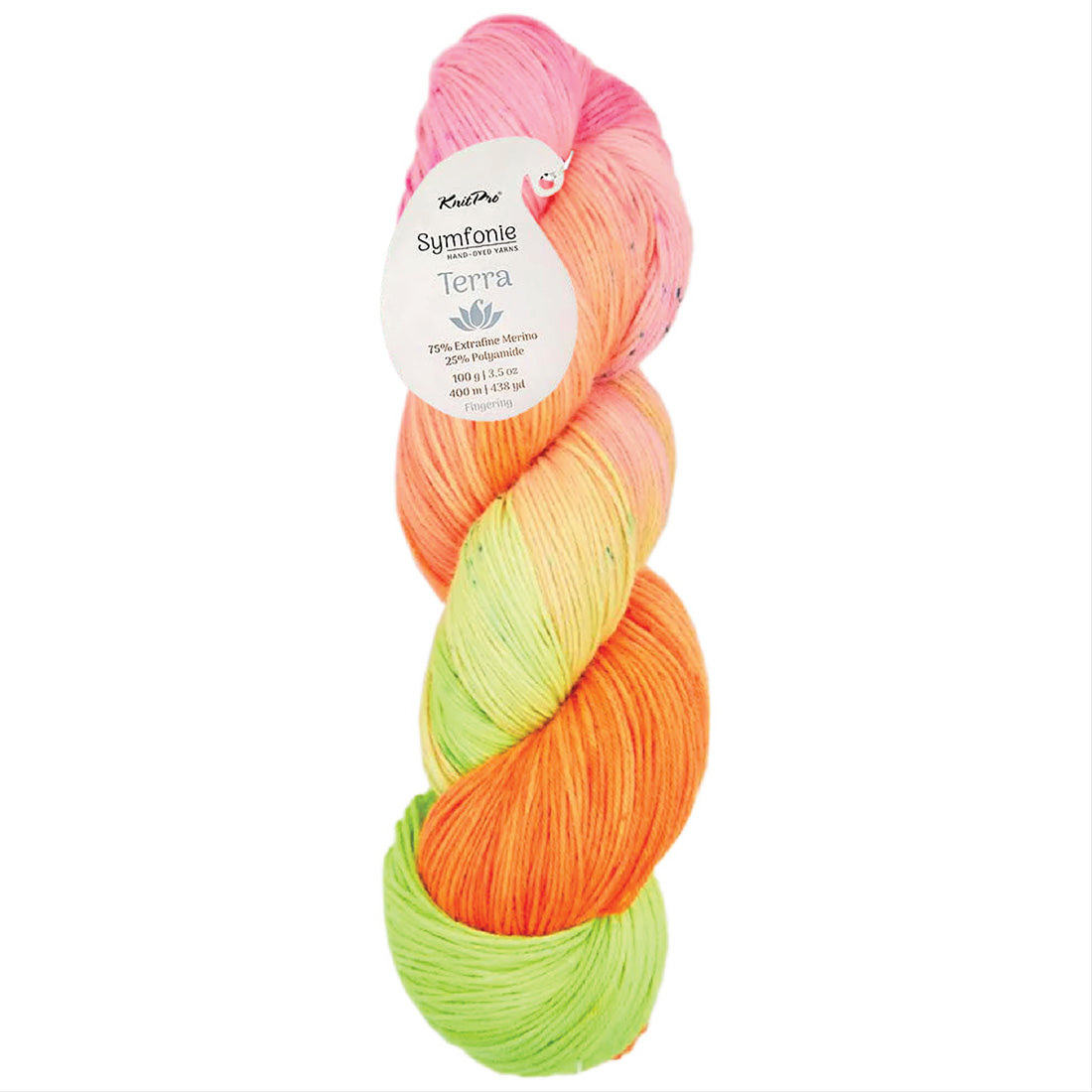 KnitPro Symfonie Terra 100g sock yarn skein in a variegated pink, orange, and lime green colorway.