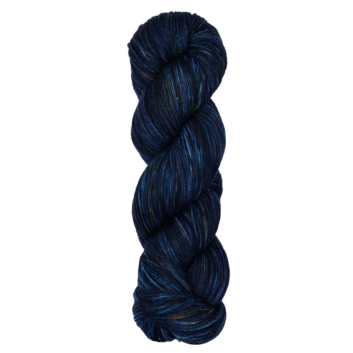 A 100g skein of Terra fingering weight sock yarn in a variegated dark blue and black hand-dyed shade.
