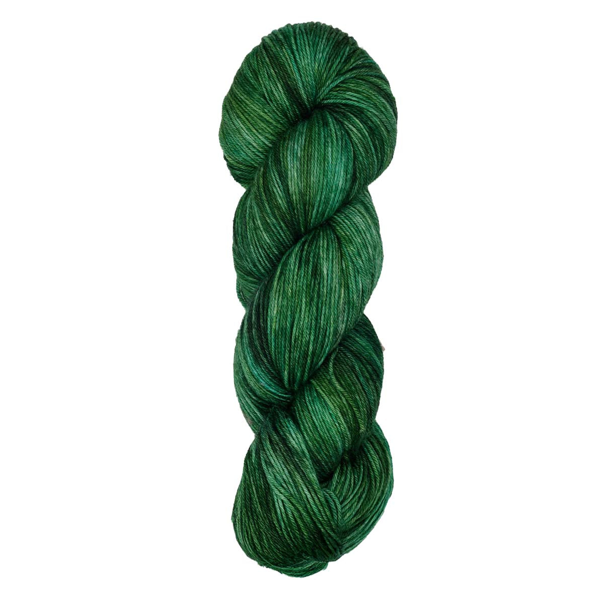 A twisted 100g skein of Terra sock yarn in a variegated forest green hand-dyed shade.