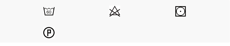 Laundry care symbols: machine wash at 60 degrees, do not bleach, tumble dry low, dry clean with P.