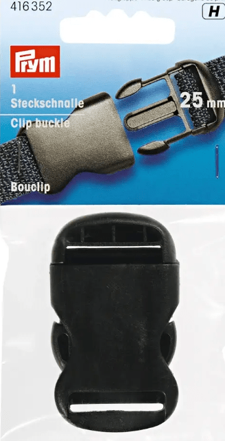 Black 25mm plastic clip buckle with adjustable fastener.