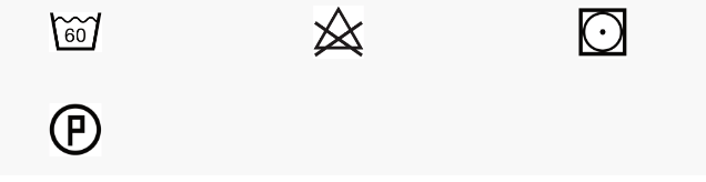 Laundry care symbols: machine wash at 60 degrees, do not bleach, tumble dry low, and dry clean with P.