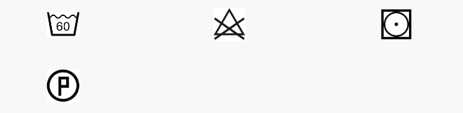 Laundry care symbols: wash at 60 degrees, do not bleach, tumble dry low, dry clean with P.