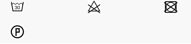 Laundry care symbols: wash at 30 degrees, do not bleach, do not tumble dry, dry clean with P.