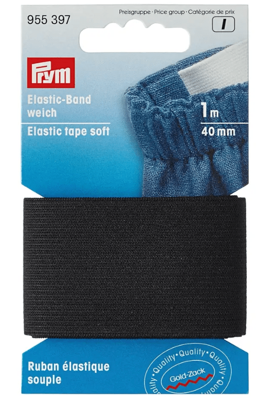 Black elastic tape, 40mm wide and 1m long, on a Prym card.